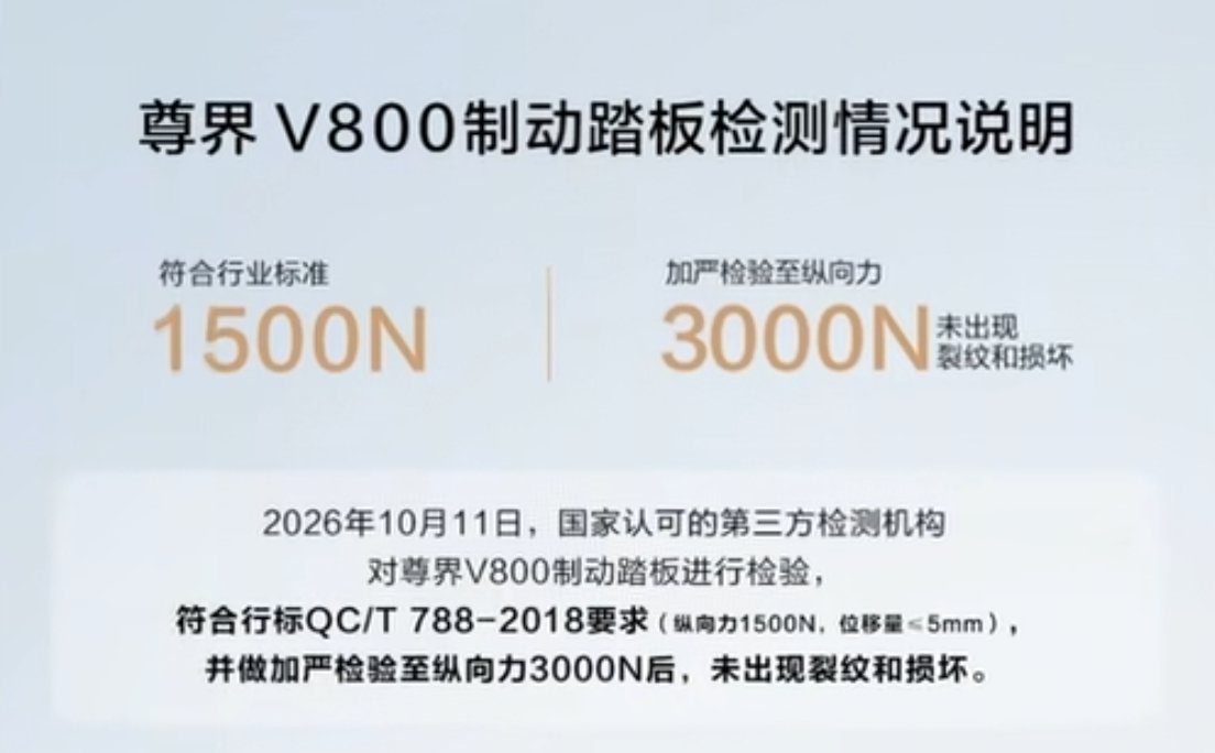 中国汽研检测，江淮尊界v800刹车踏板3000N没有断裂​​​