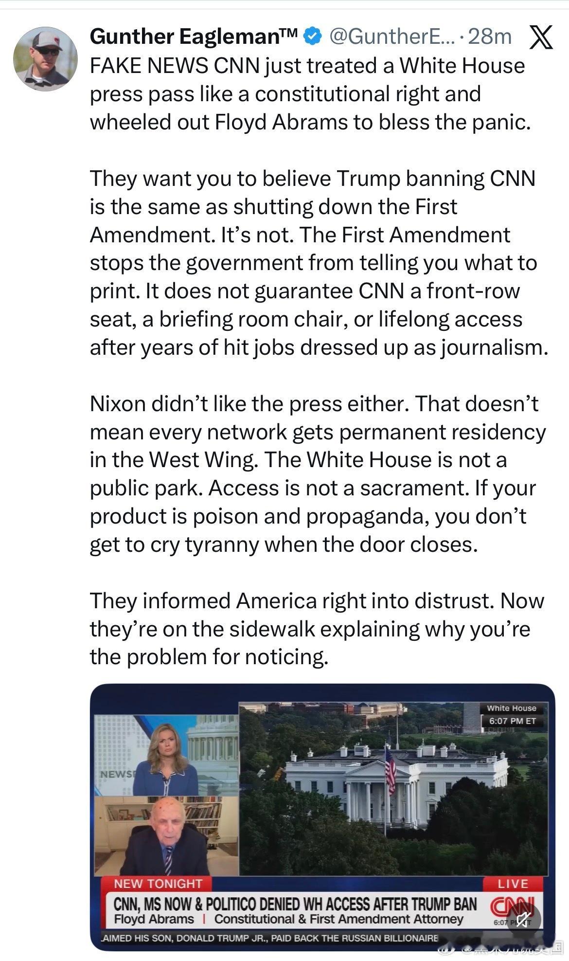 CNN说，川普禁止几个左媒的记者参加白宫新闻会，是违反宪法第一修正案。这种左媒混淆视听胡编乱造习惯了