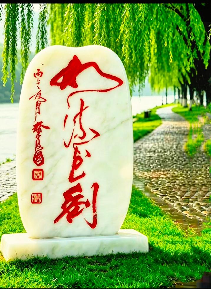不提示词义，三秒认出这四个草书字的举个手河边柳树下这块景观石碑，上面草书大字