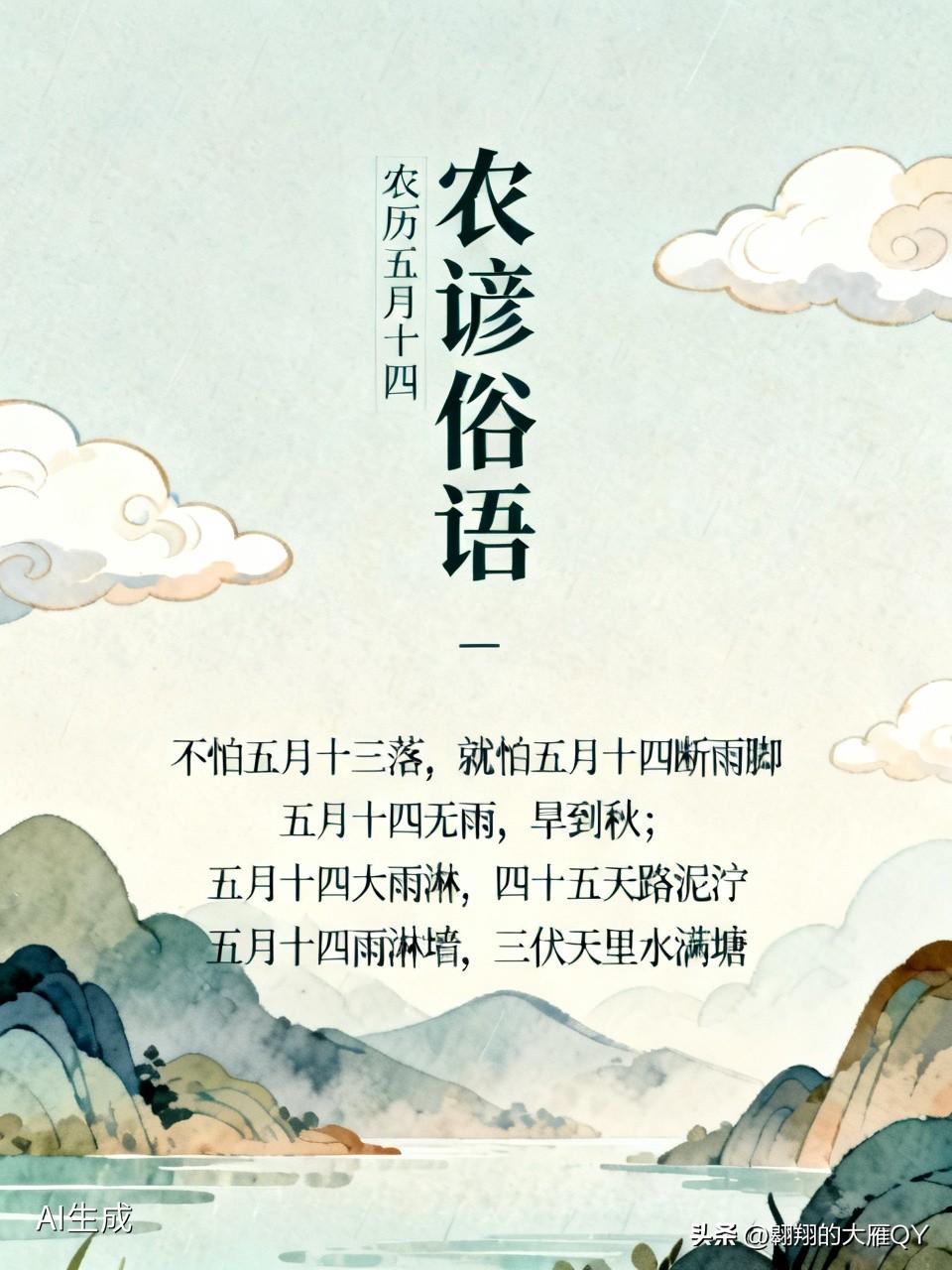 今天是农历五月十四的民间俗语、农谚与民俗老话一、核心农事看雨农谚（流传最广）