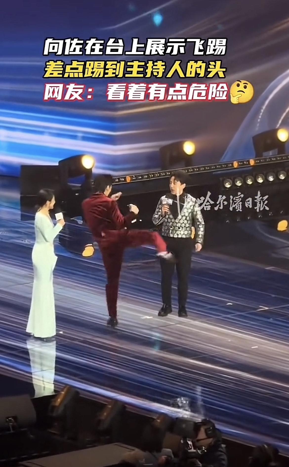 向佐差点一脚踢飞主持人的时候，他正兴奋地比划着出拳动作。你发现没？他根本不是