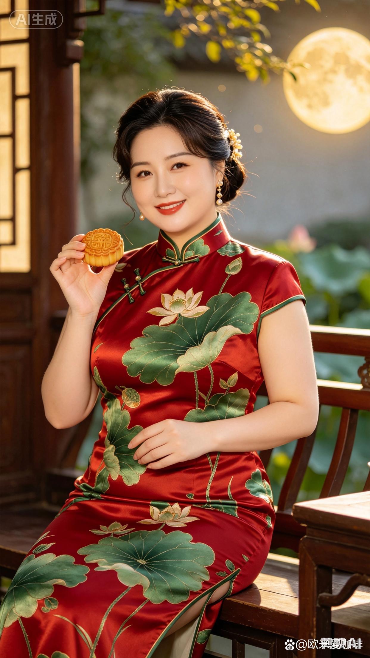 美女穿着旗袍，手拿月饼微笑。