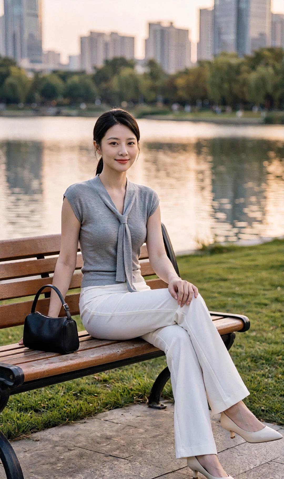 《湖畔黄昏的静美》湖光染金，晚风轻抚长椅，灰蓝飘带，系住温柔岁月。白