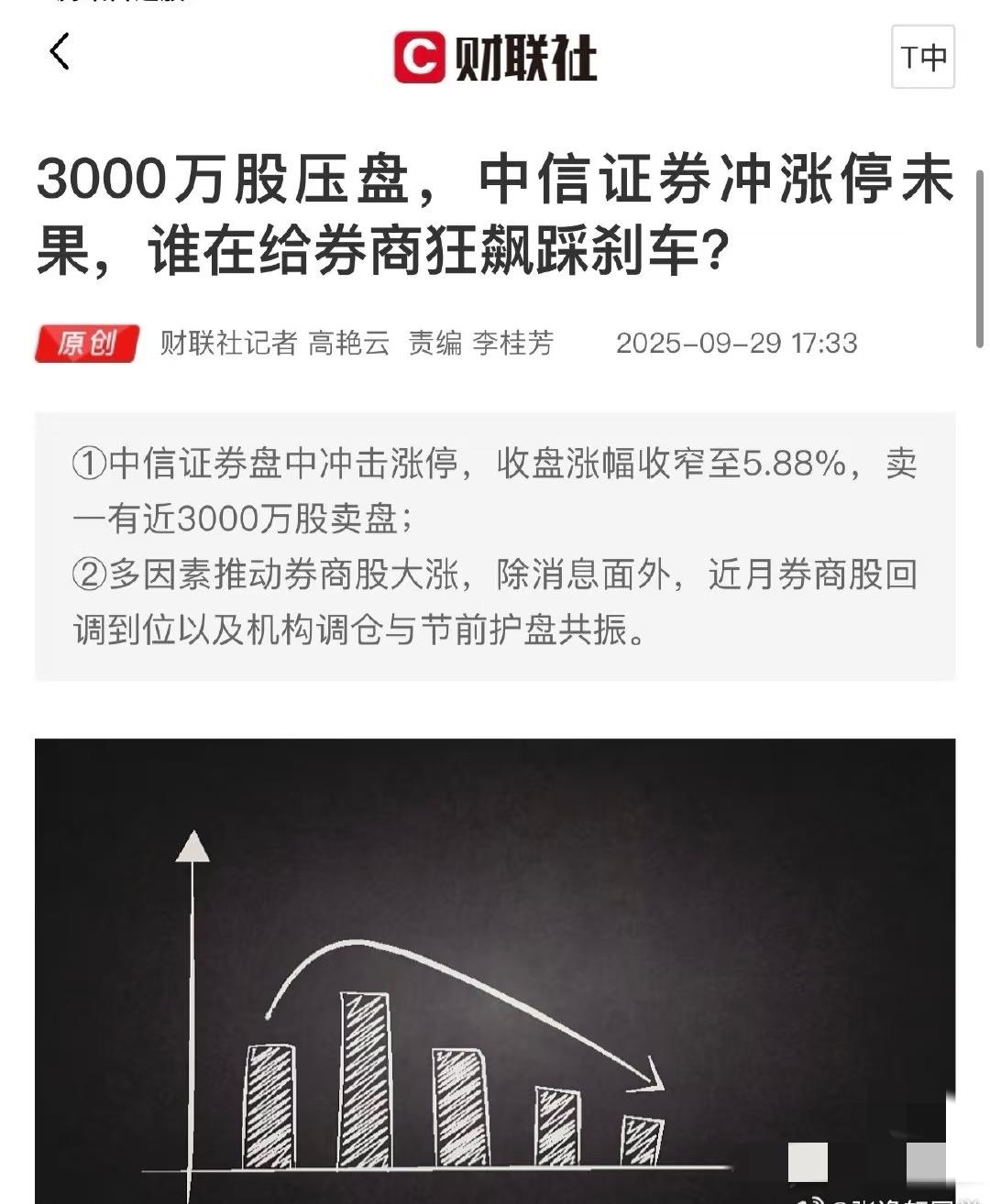 9亿资金、3000万股压盘，中信证券冲涨停未果，谁在给券商狂飙踩刹车？我就好
