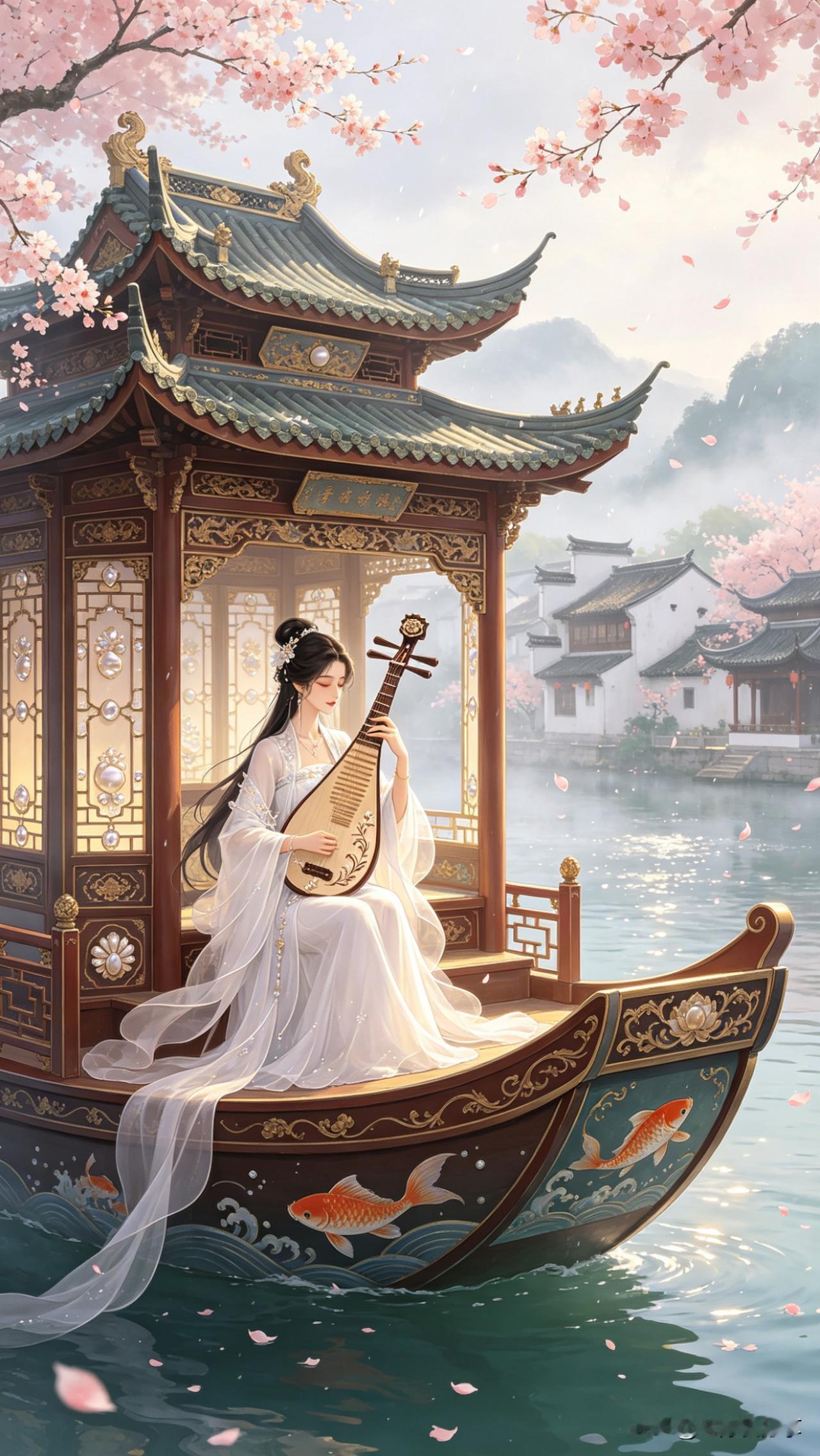 鹧鸪天·画舫听雨画舫轻摇水映霞，琵琶声里落桃花。烟笼柳岸千山翠，雨润苔阶一