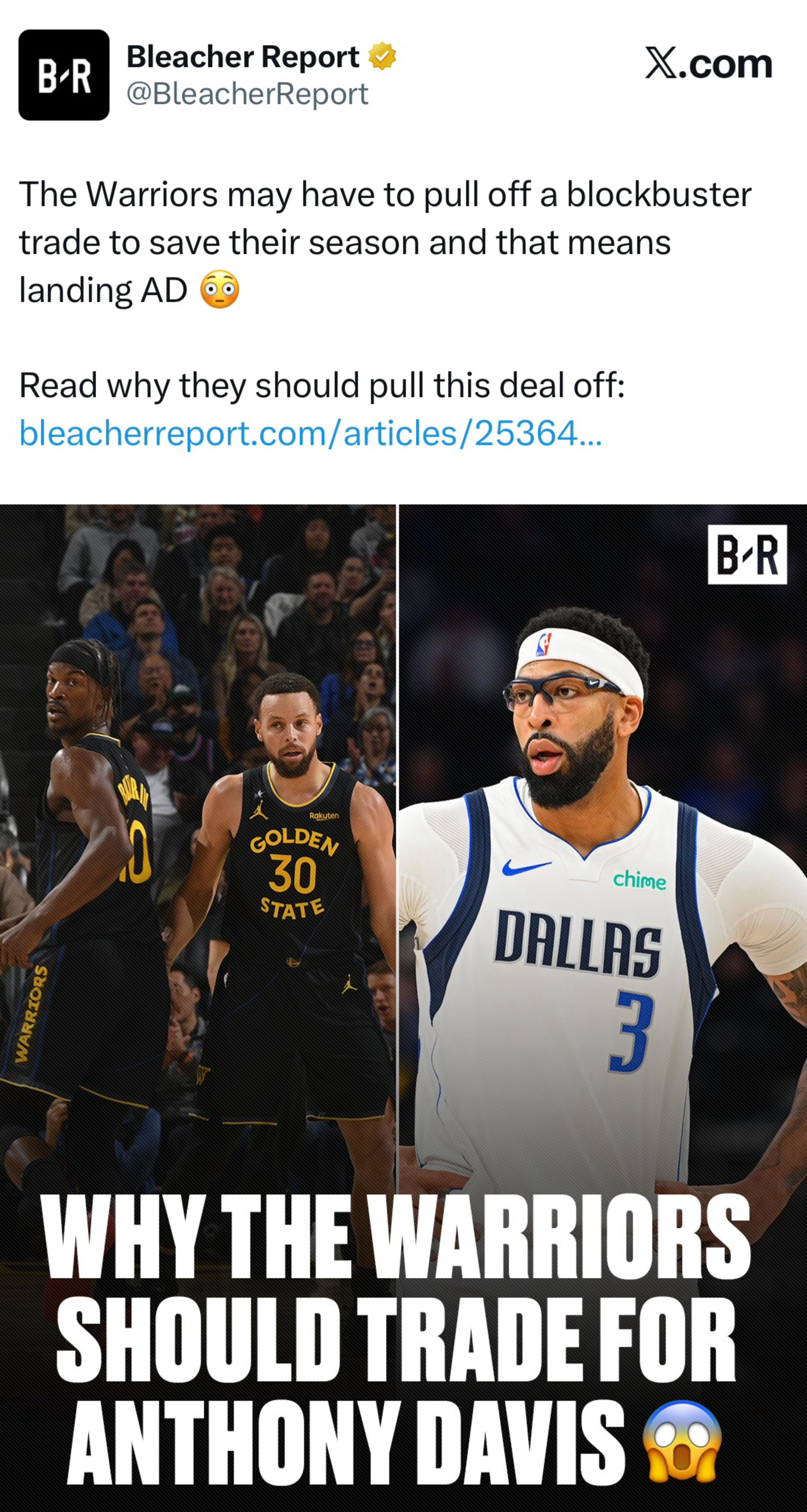 知名美媒BleacherReport给出金州勇士队一份交易方案，来拯救这个赛季