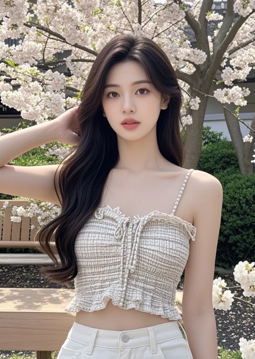 她抬头望向满树樱花，那一刻时间静止了