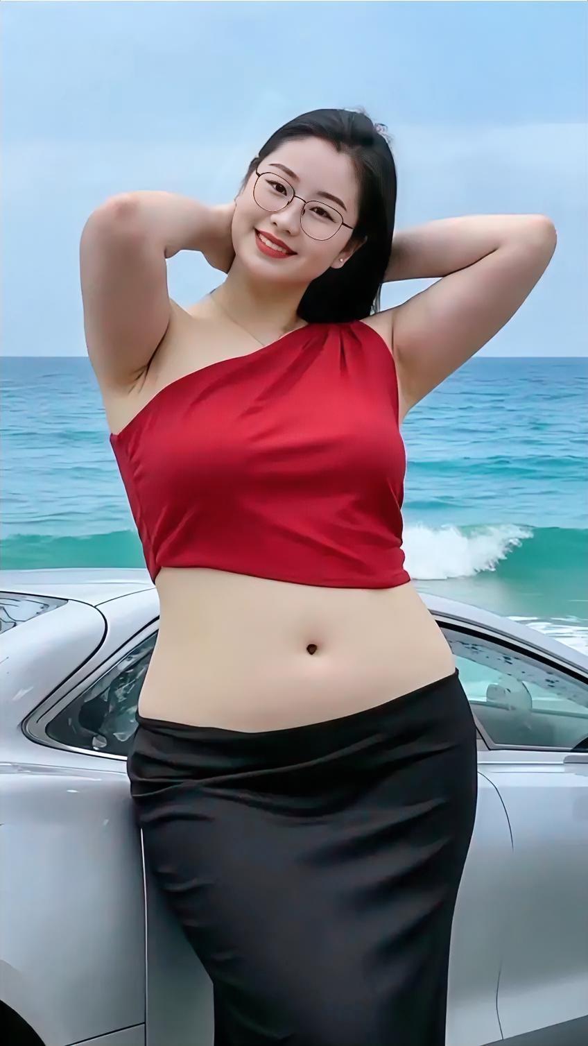 海边度假穿搭指南：红色露肩上衣+黑色长裙，轻松自在，享受阳光与海风！🌊👗😊