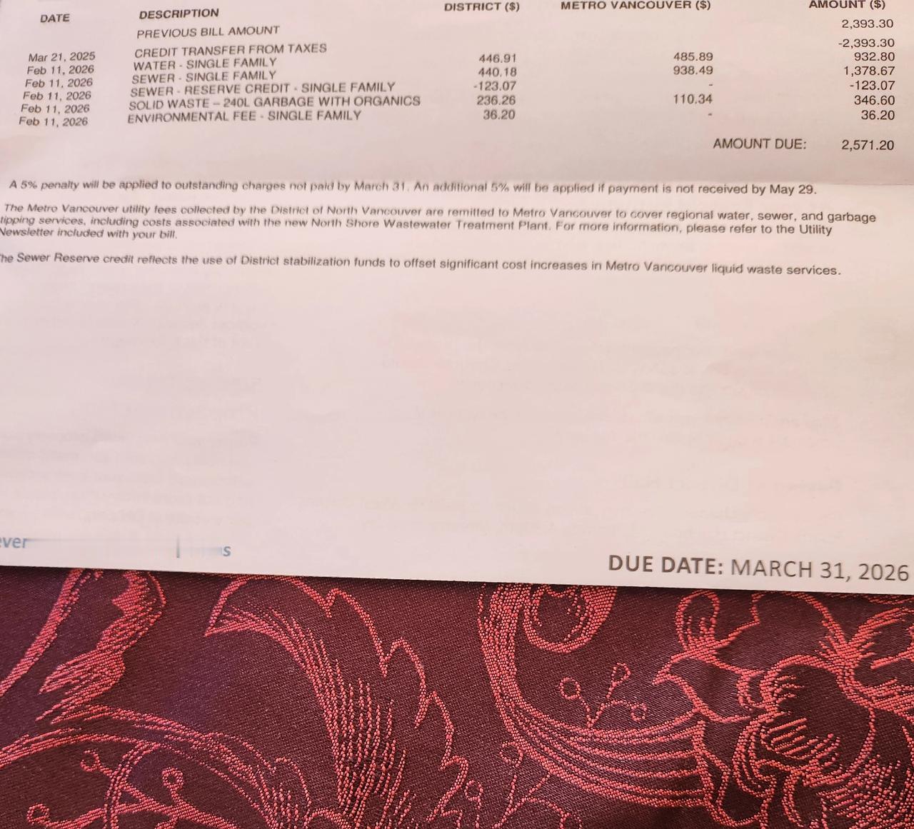 加拿大房子的费用来了。刚一开年，政府就寄来了一封信，要交今年的水费和垃圾费，大