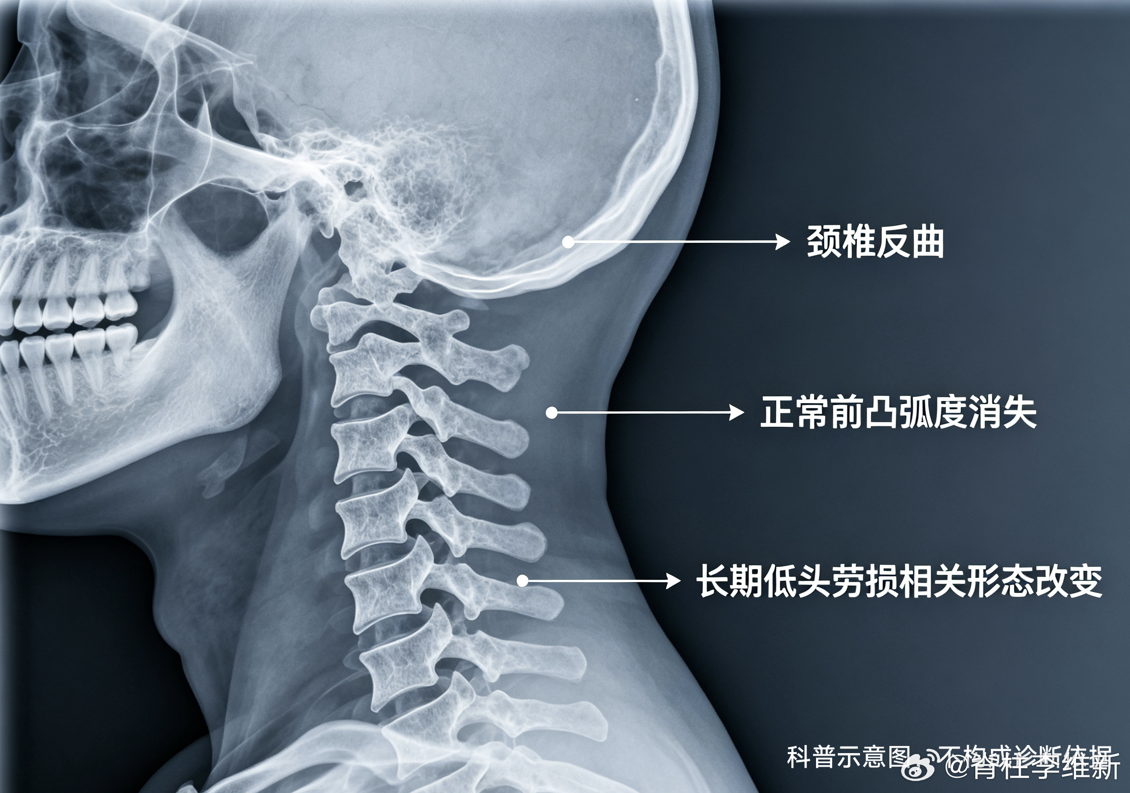 拍X光发现颈椎反曲先别焦虑！它大多是长期低头带来的慢性劳损表现，不等于严重颈椎病