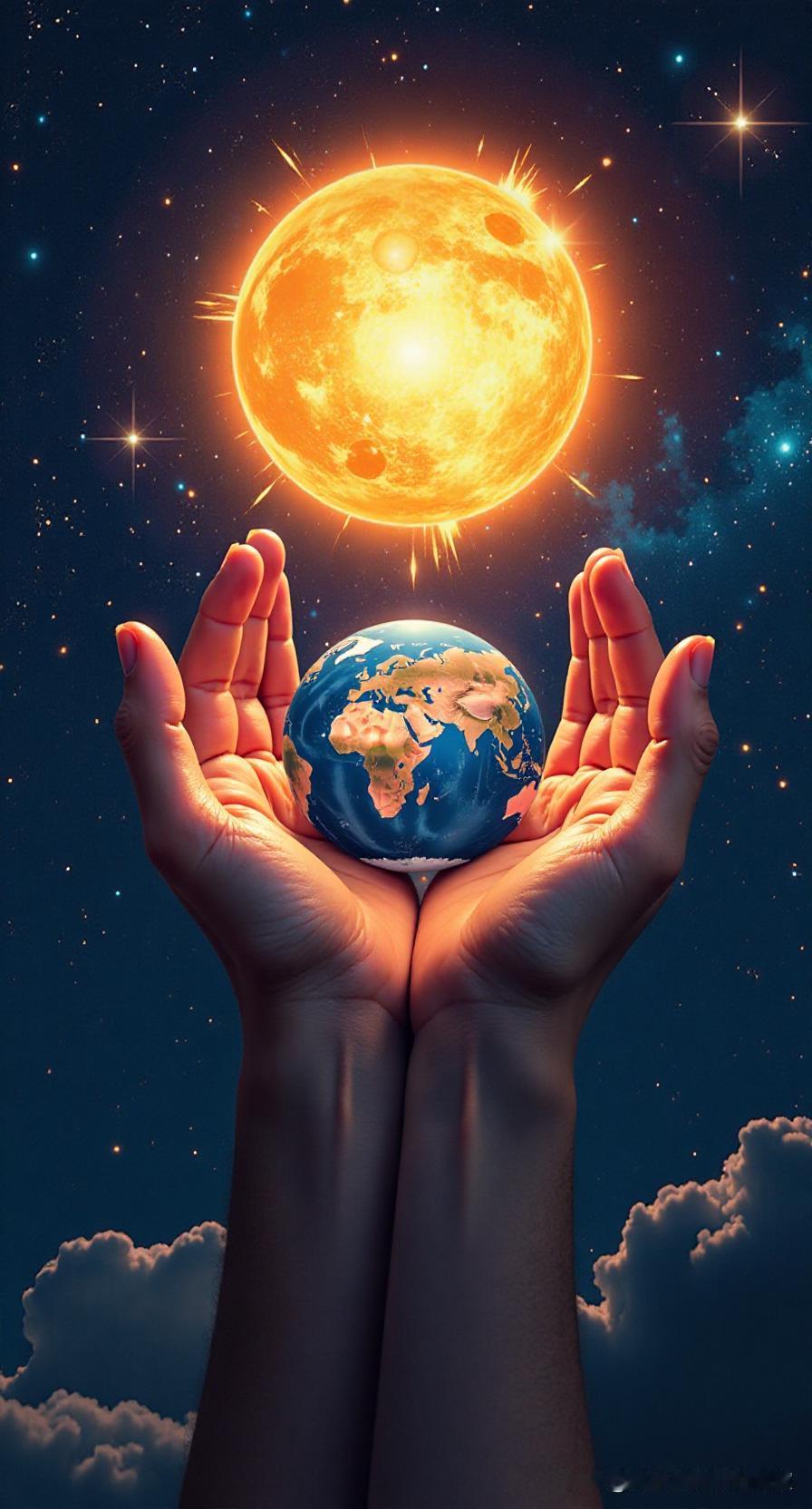 上联：双手托日月下联：一心擎乾坤横批：天地同心