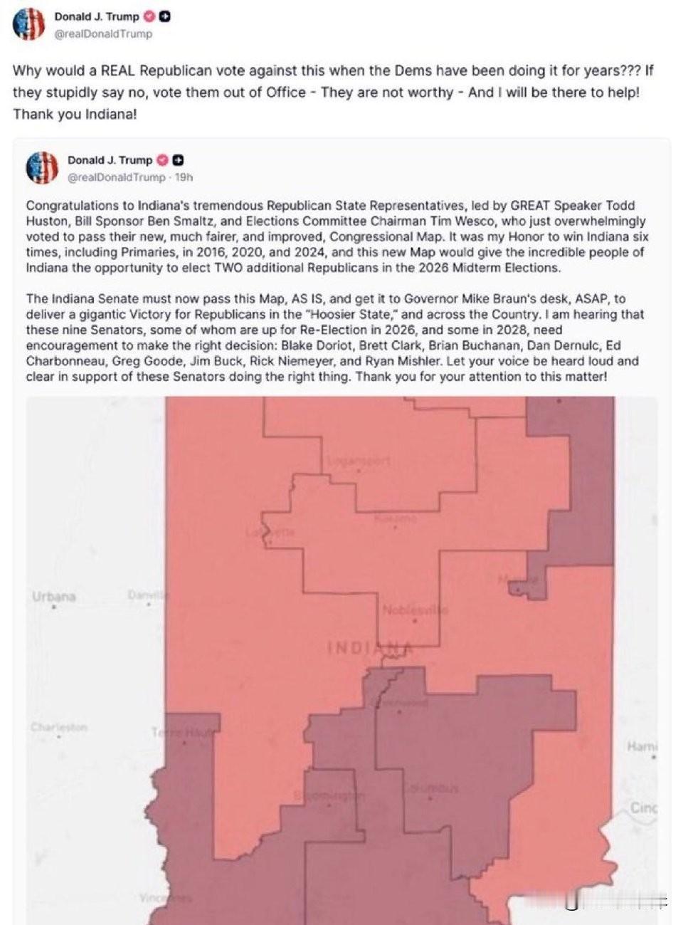 川普怒喷假共和党人反对印第安纳重划选区。“真正的共和党人为什么要反对这件事？民