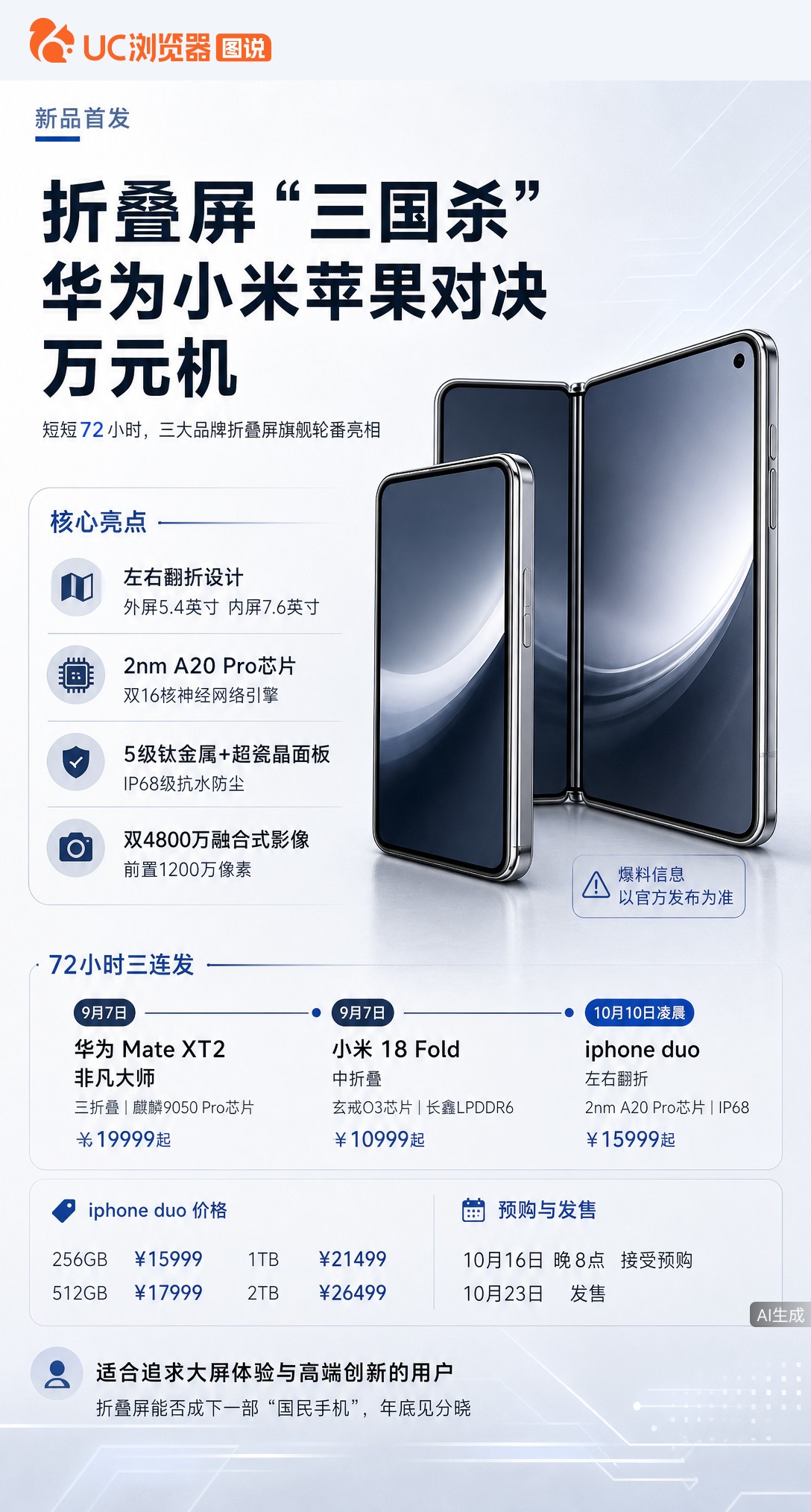 72小时内华为小米苹果连发折叠屏，起售价全过万。苹果首款15999元起入局，华为三折叠改U型结构，小