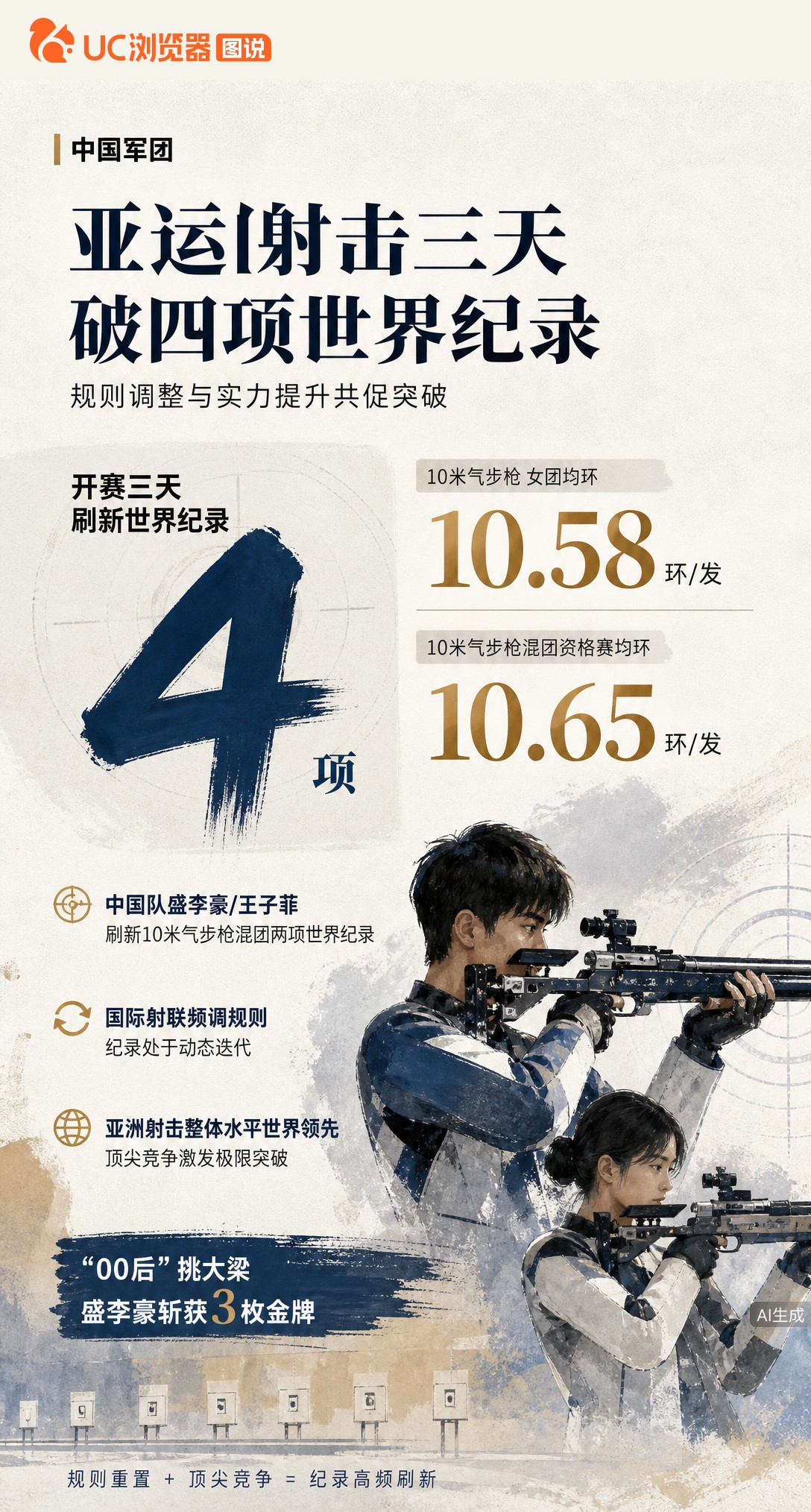 亚运射击三天刷4项世界纪录！盛李豪/王子菲混团资格赛均环10.65，00后主导破纪录。规则迭代叠加亚