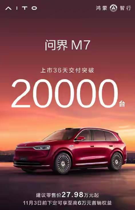 问界M7杀卖疯了！36天狂销2万台！创下新势力车型最快交付纪录。这款起售价2