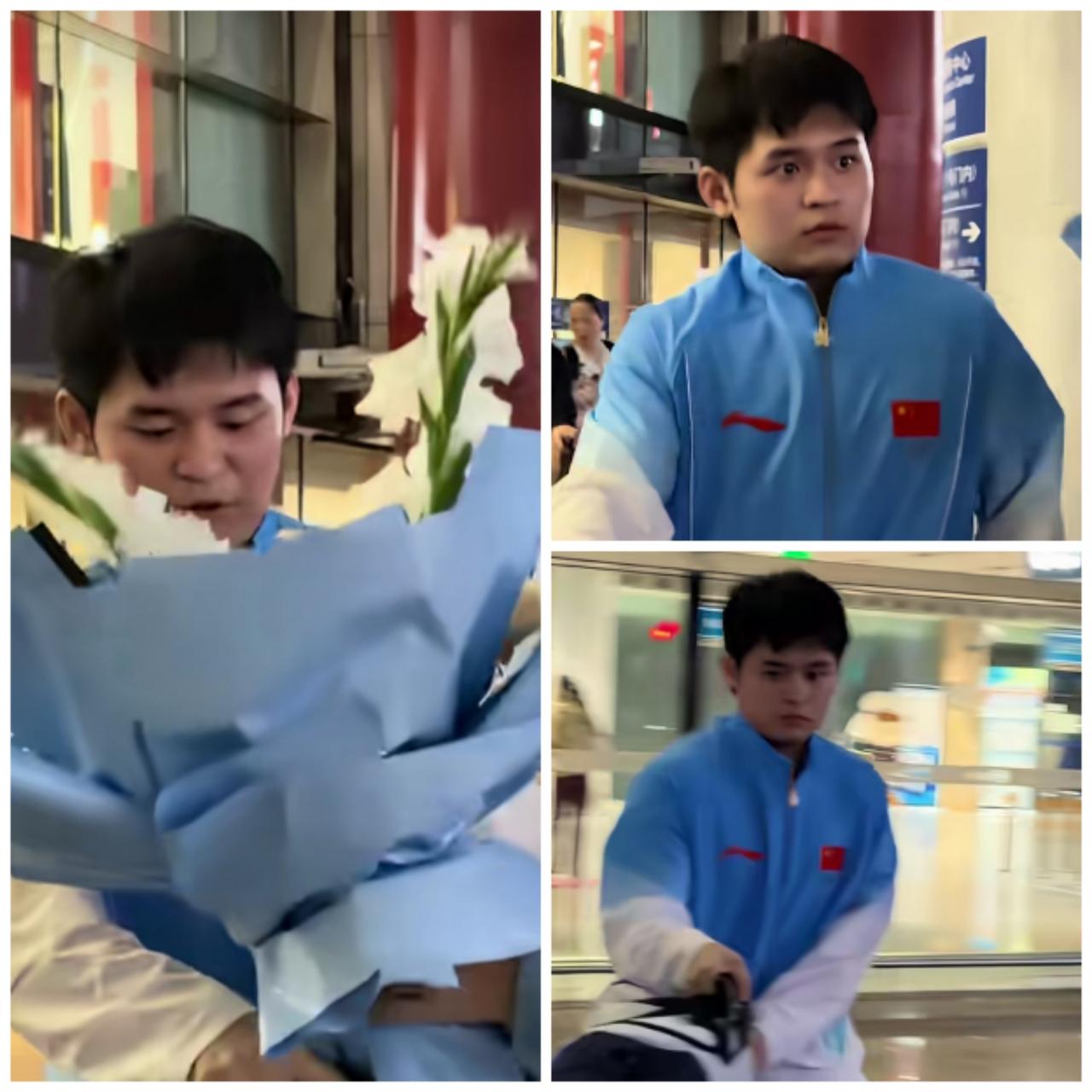 亚运会比赛结束，林诗栋随队返回北京，机场早早有等候接机的粉丝。有粉丝上前，捧着一