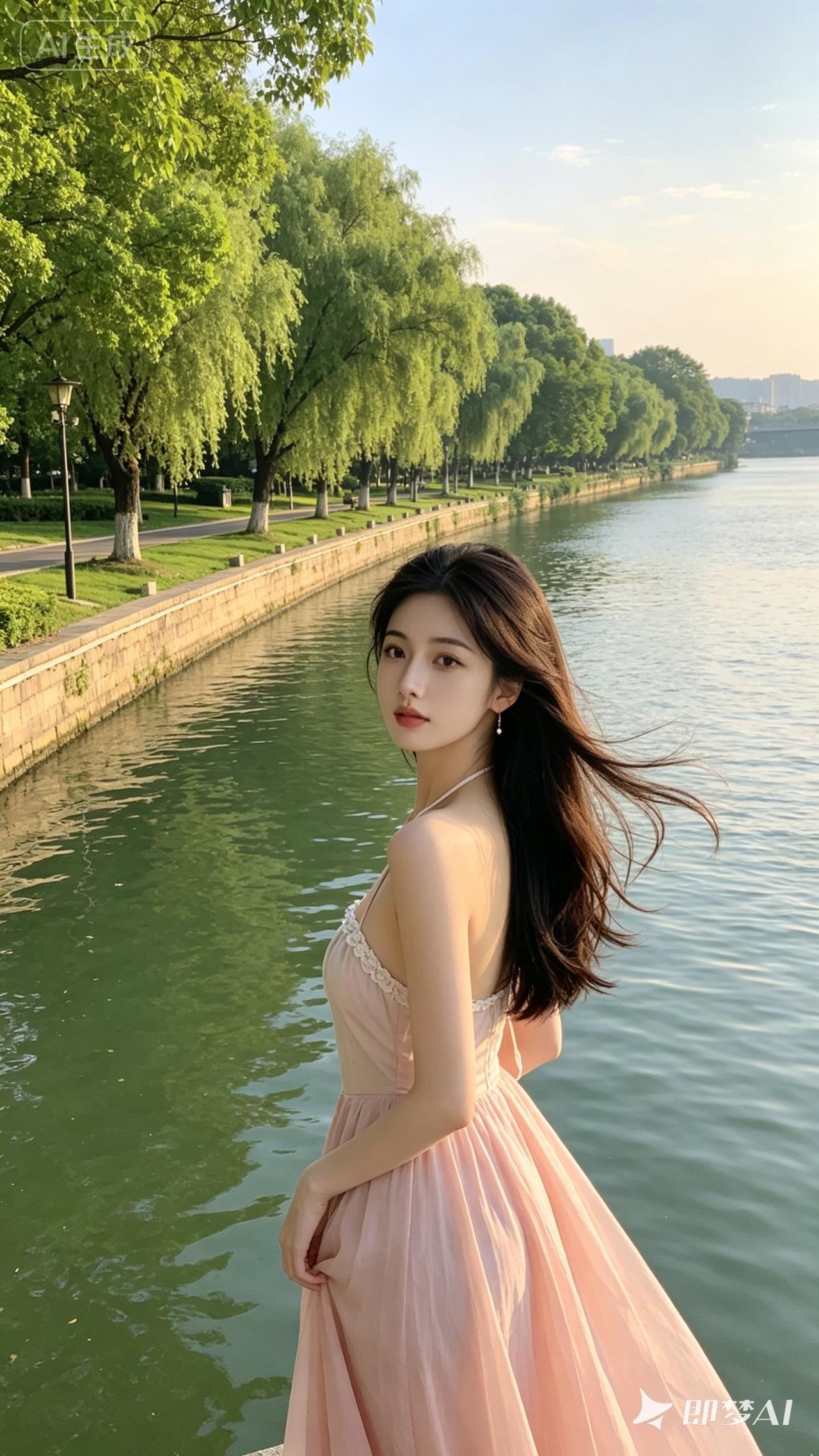 夏日河畔，粉色裙摆随风飘扬，少女与自然和谐共舞。