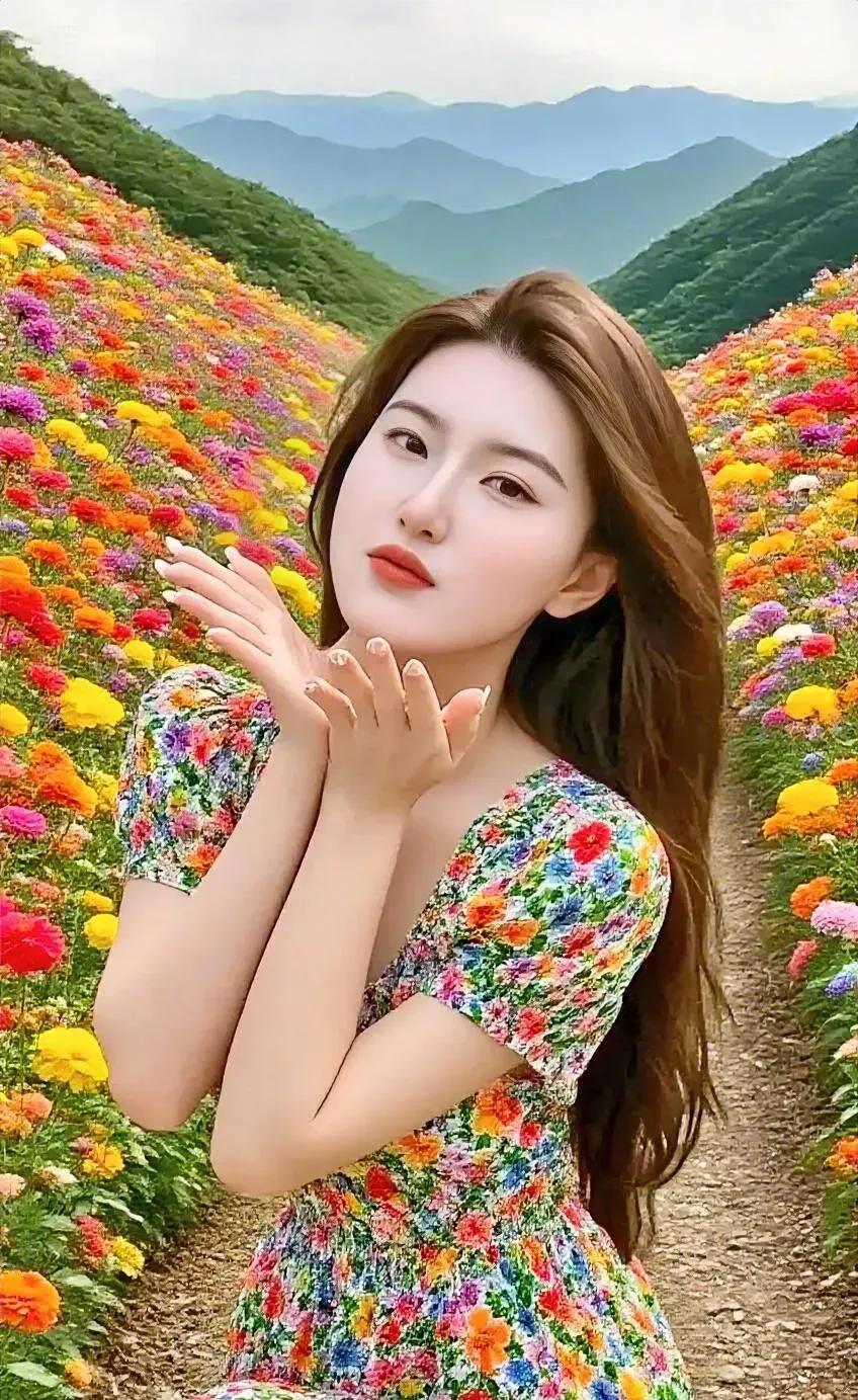 花海流香风拂发，佳人凝目景含情。
