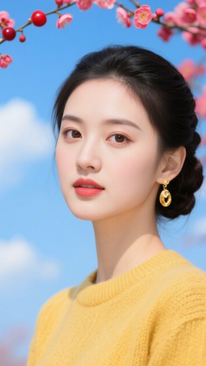 花枝拂面春风里，美人如画意中来。