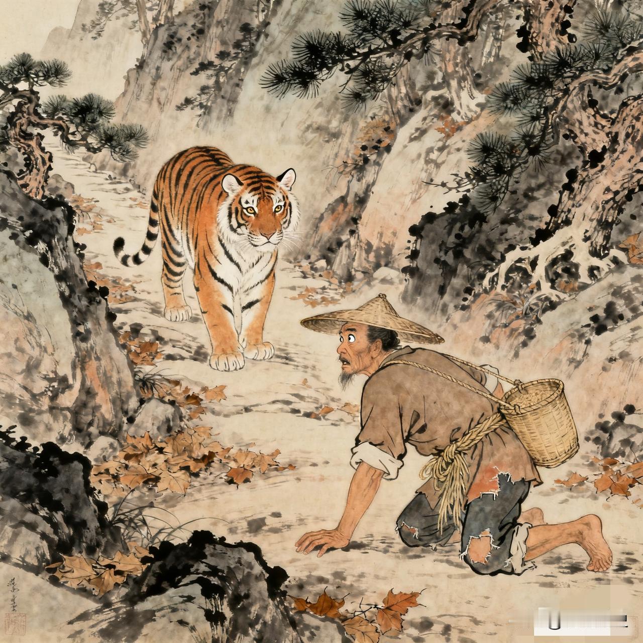 明万历十七年，建德山中的一位农夫，借了谷物回家，途中突然与一只老虎相遇，眼看就要