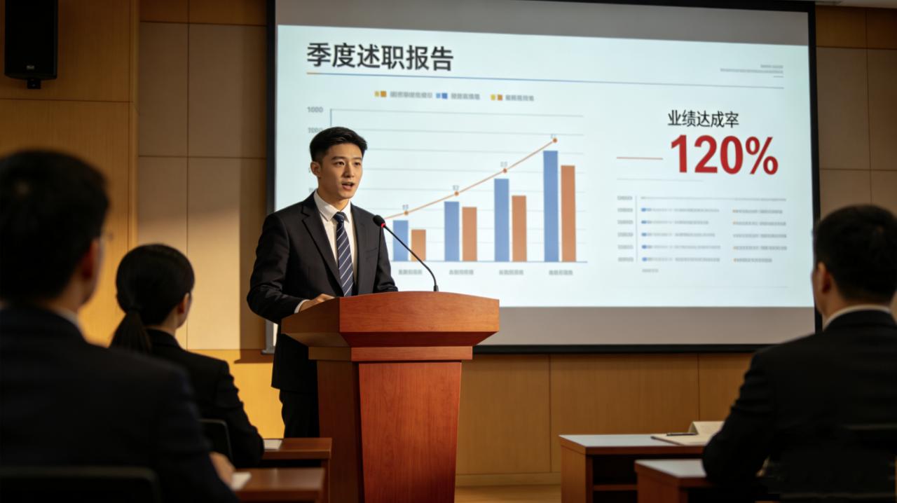 公司季度评优，候选人需要在会上做五分钟述职。小王准备了精美的PPT，数据详实，