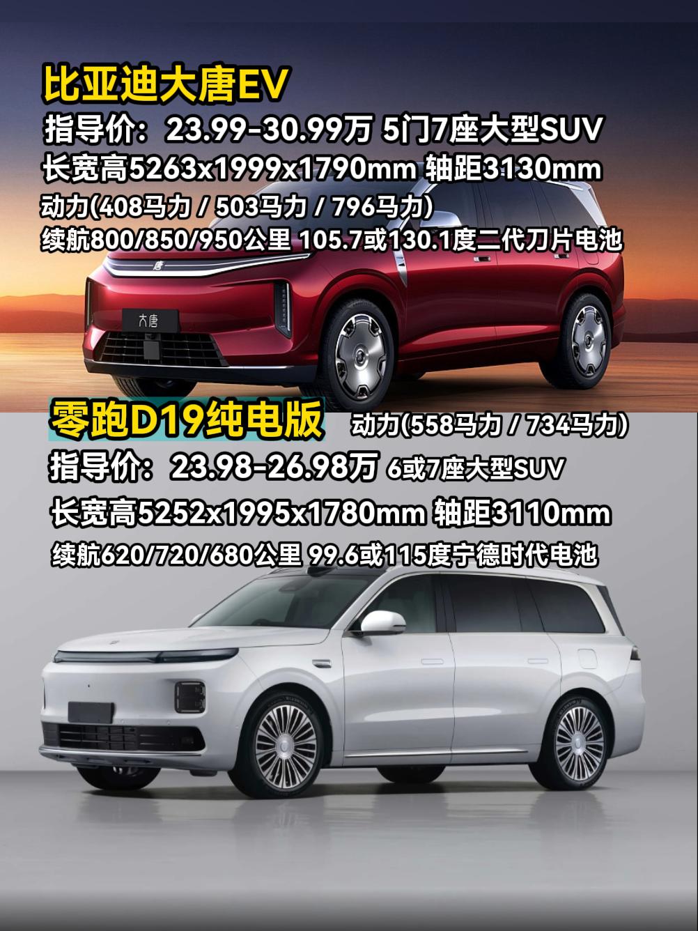 比亚迪大唐EV入门版vs零跑D19纯电入门版，两款车价格几乎一样（20