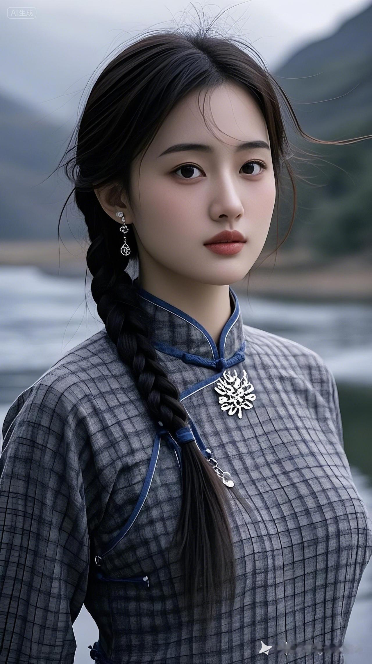 古风少女，黑发辫，蓝衣配雪花胸针，山水背景，唯美意境