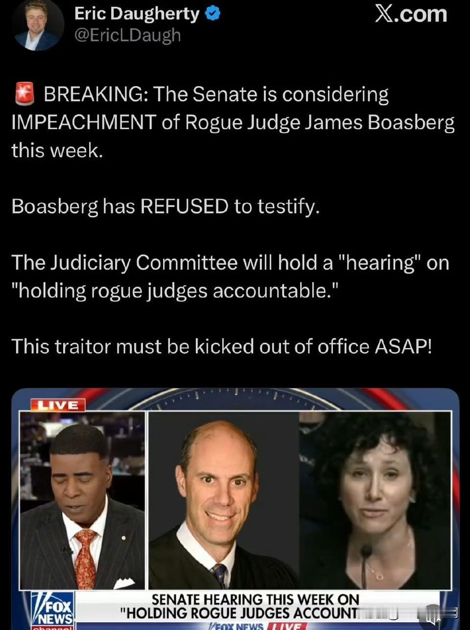 参议院考虑对参与北极霜行动迫害川普的极左法官进行弹劾。美国的法官权力大无边，可以