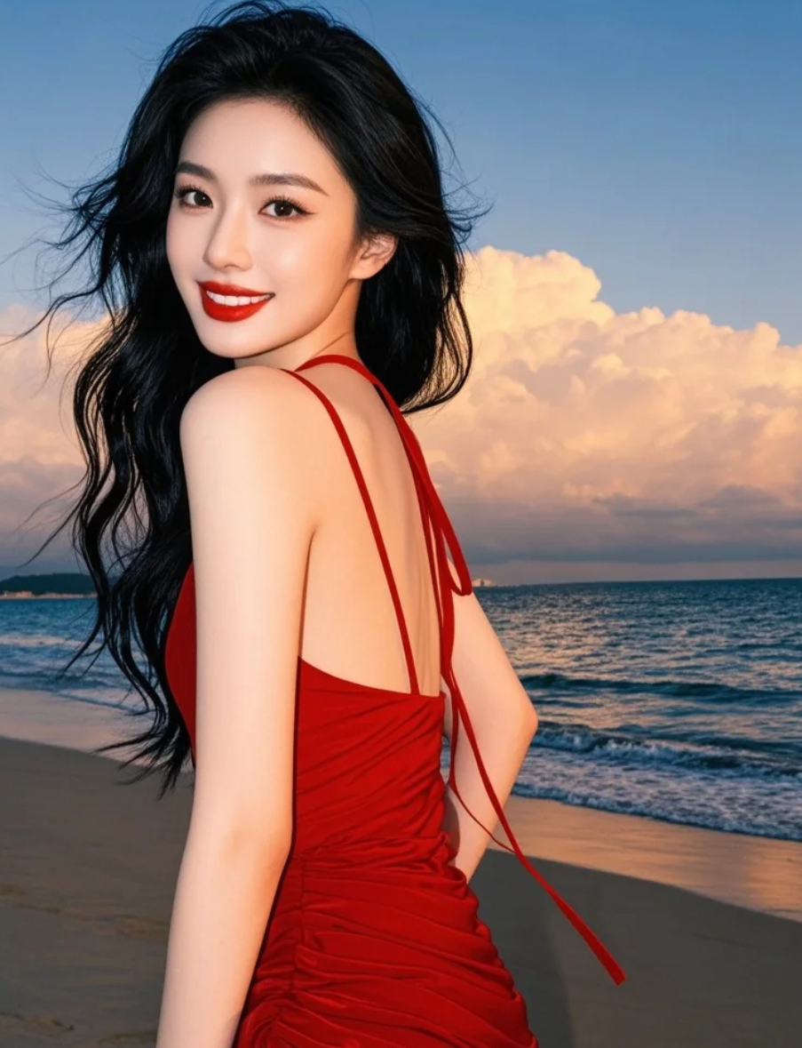 阳光、海浪与长发美人：一幅流动的夏日画卷