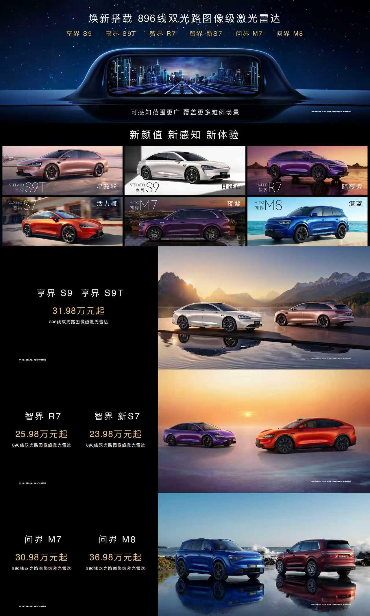 享界S9、享界S9T、智界R7、智界新S7、问界M7、问界M8已焕新搭载896线