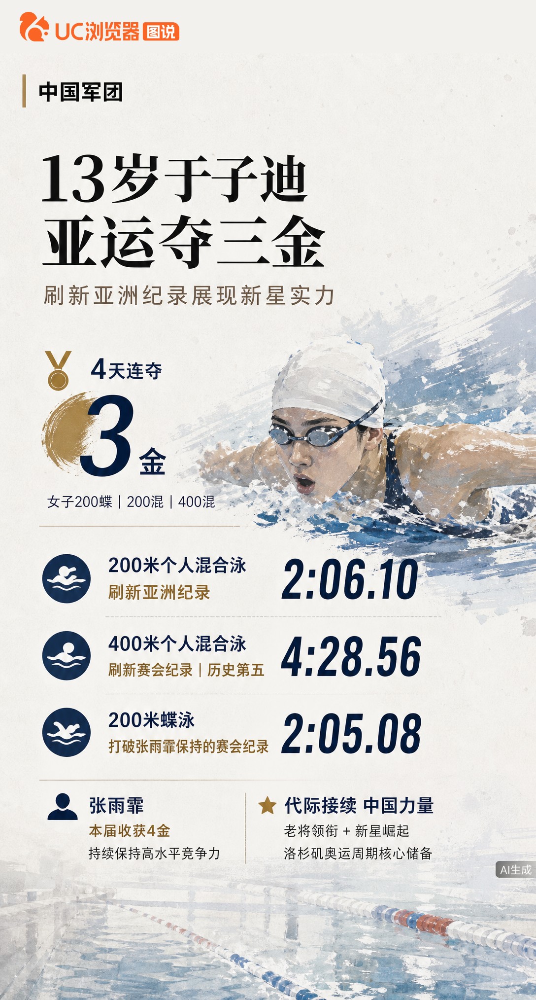 13岁于子迪4天狂揽3金！200混2分06秒10刷新亚洲纪录，还破了张雨霏的赛会纪录。老将稳、新星猛