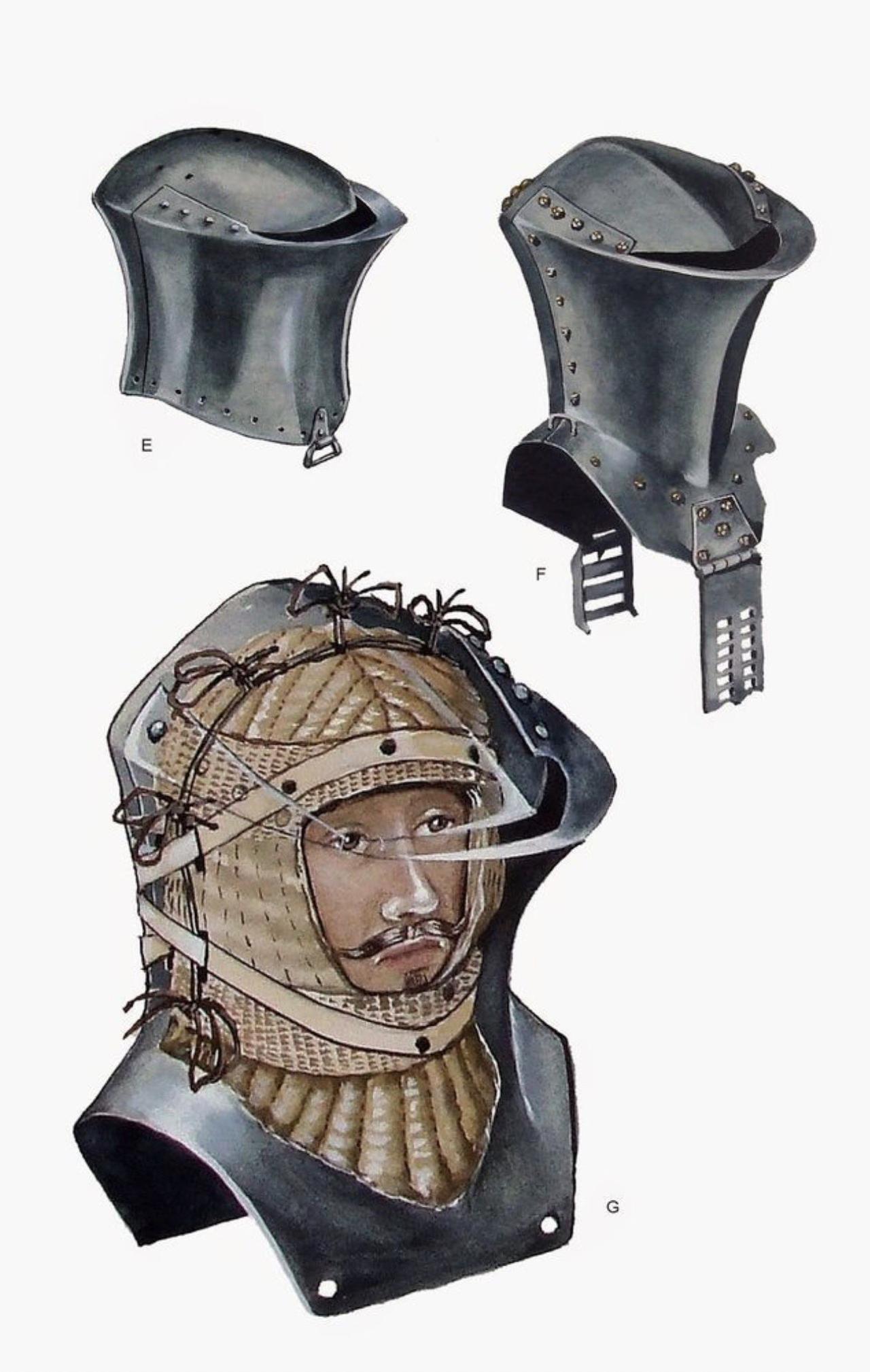 现存的15世纪及16世纪初比武头盔（Stechhelm，即“蛙嘴盔”）内衬（He