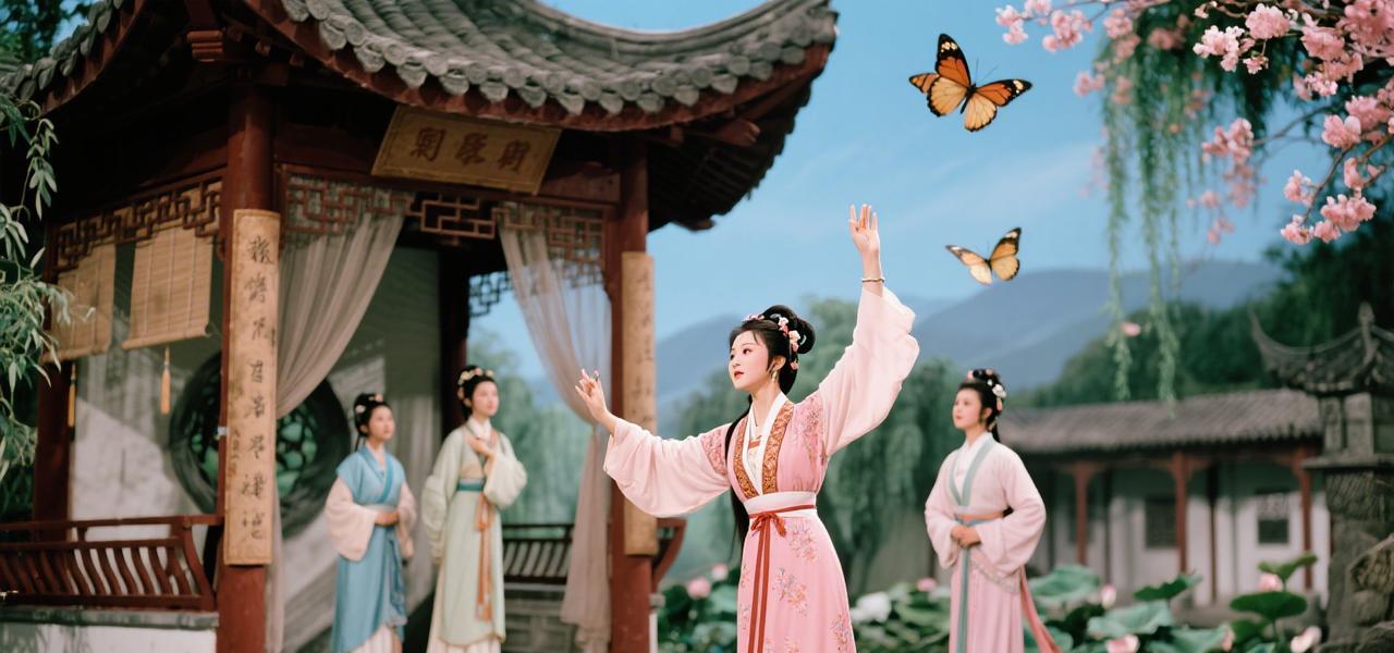 四月的大观园蝴蝶纷飞，薛宝钗执团扇扑蝶至滴翠亭边，忽闻亭内传来私语。她顿住脚步，