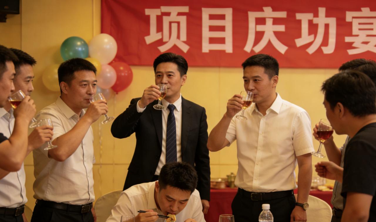 项目庆功宴上，领导举杯：“这半年大家辛苦了，功劳是你们的！”众人纷纷谦让，说都