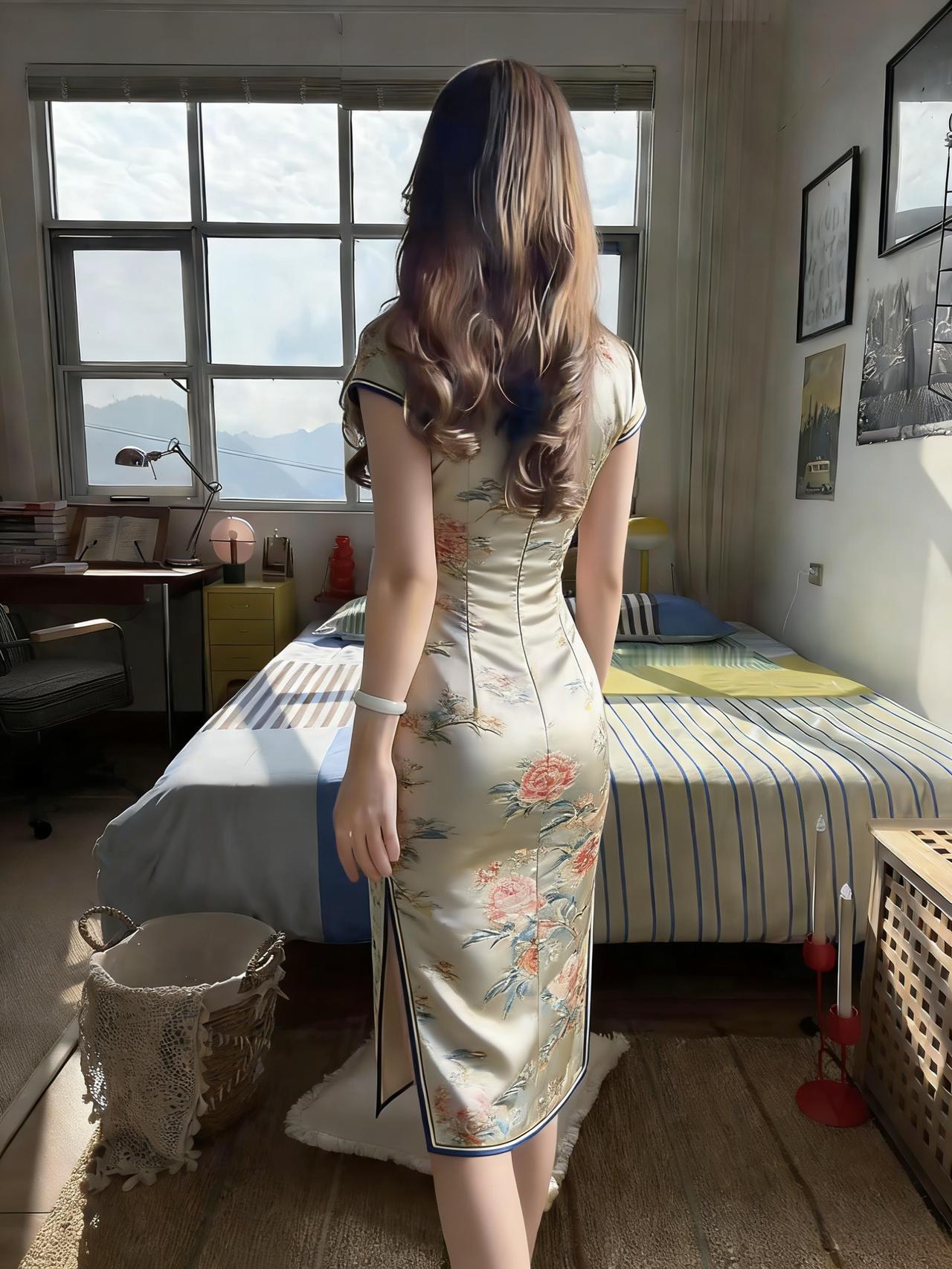 是谁把江南的烟雨，缝进了这一袭浅杏的衣裳花枝轻绣，不浓不艳，恰如眉间淡扫的妆