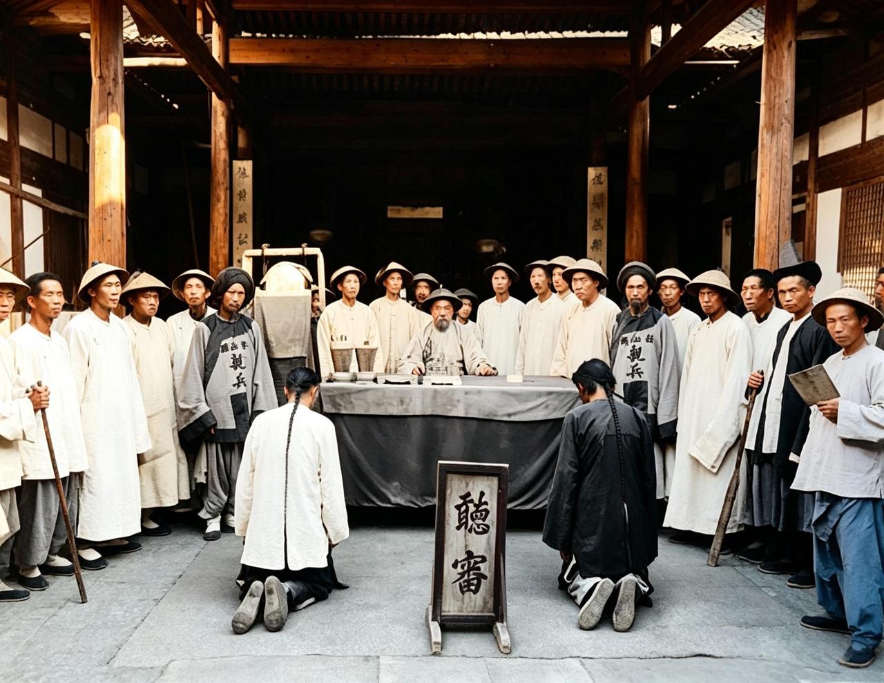 这是百年前，县太爷正襟危坐于案后，升堂问案。堂前两名涉讼男子俯首跪地，低声陈述案