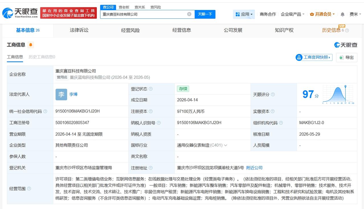 天眼查App显示，近日，重庆蓝电科技有限公司发生工商变更，企业名称变更为重庆赛豆