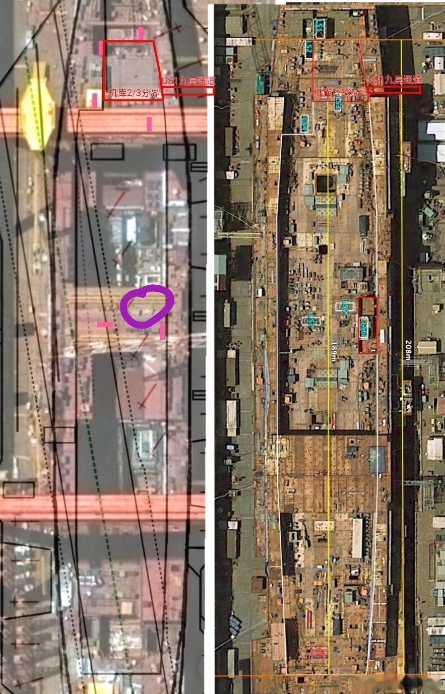 具体尺寸就不细了其机库宽窄在图上是的确和各类测量吻合中毒宽度少两米，两者在卫星图