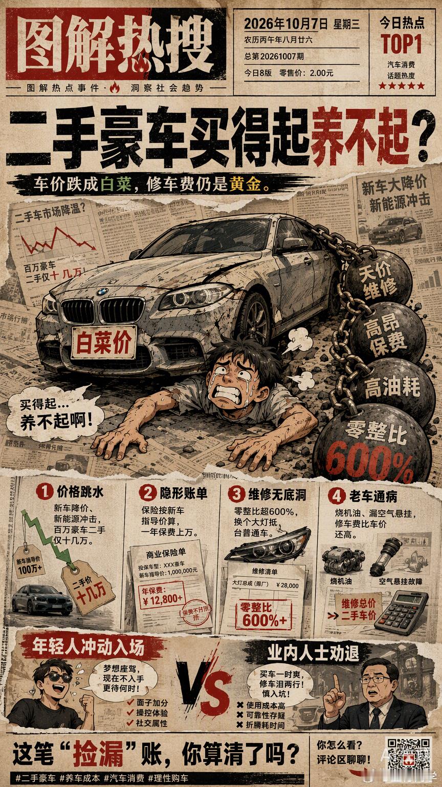 看到二手保时捷、宝马跌到十几万，很多人第一反应是“真香”，第二反应往往是“修不起