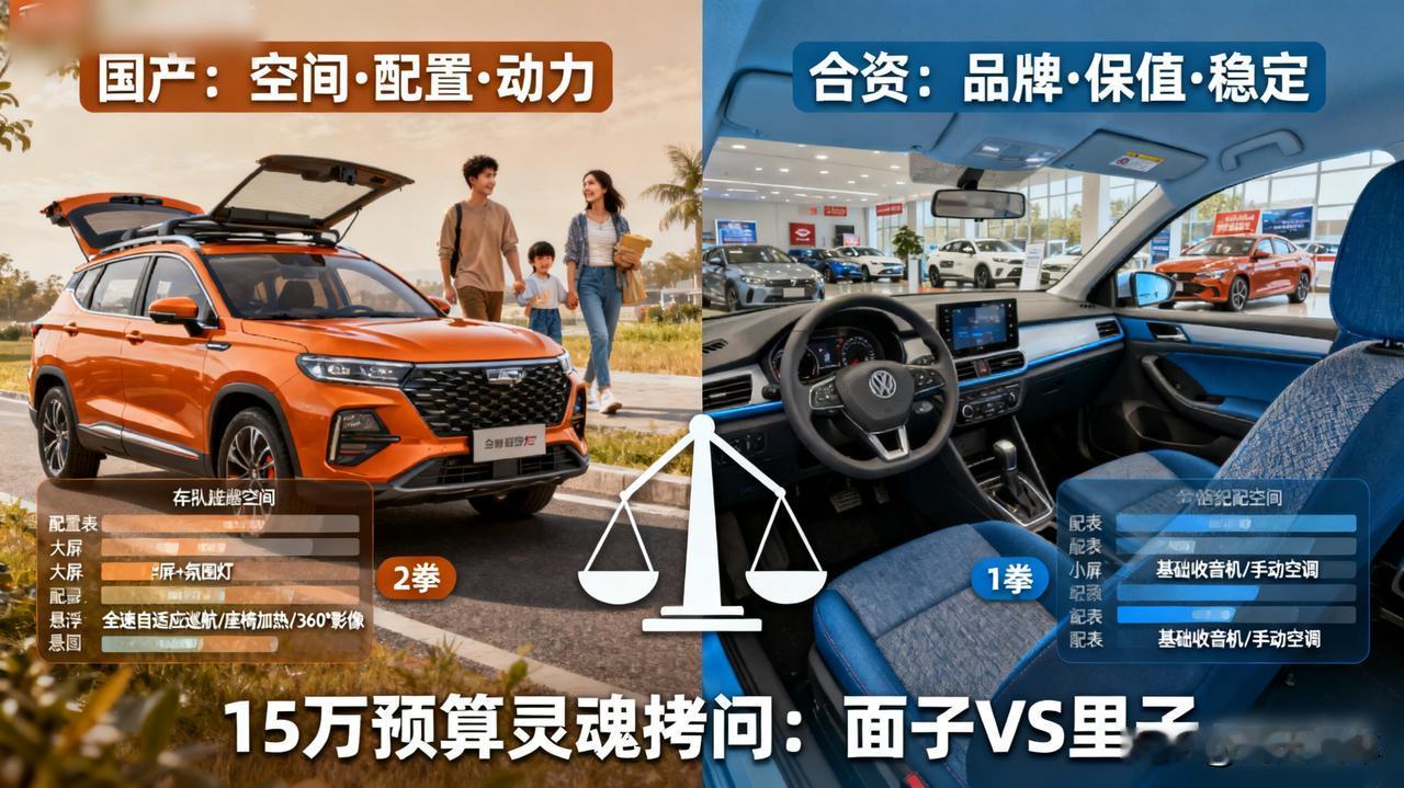 如果预算只有15万,你会选国产高配,还是合资低配?国产车:空间大、配置满、动