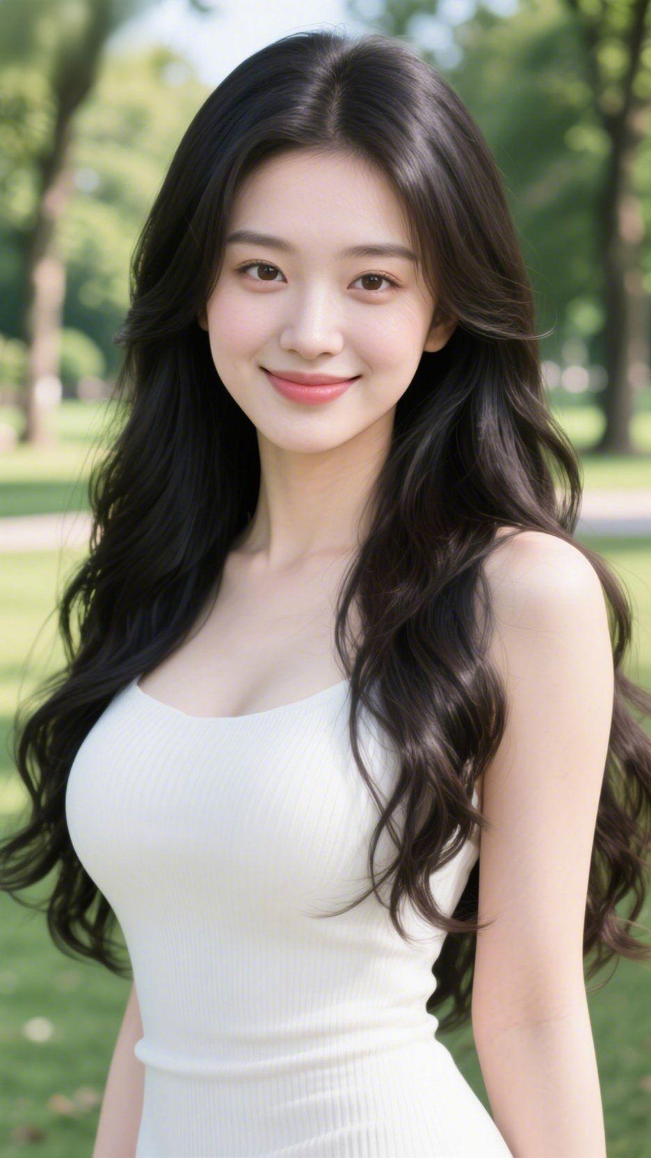 素衣映春展温婉绿意葱茏的林间，一袭素白衣装与自然景致相融，似将春日的清辉揽