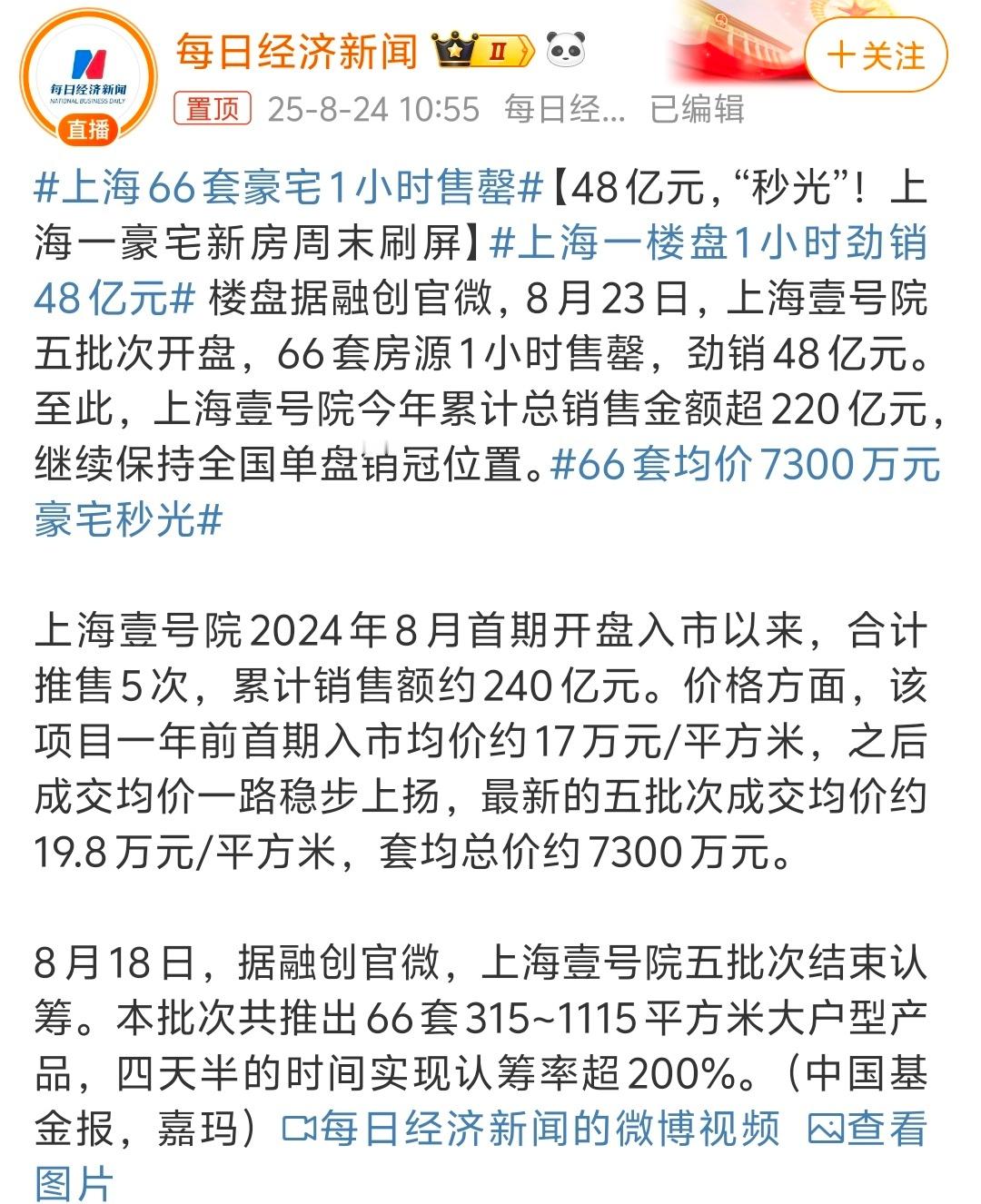 上海66套豪宅1小时售罄套均价好几千万，有钱人还是多呀😳​​​