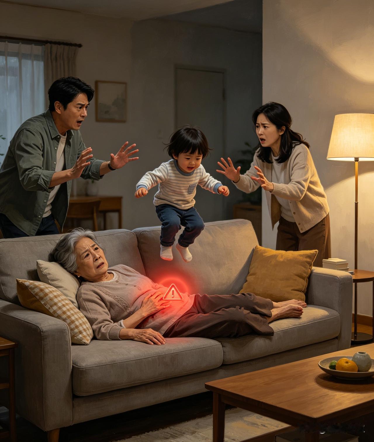 一位阿姨在沙发上休息，她4岁的孙子从沙发上跳下来跳到她肚子上踩了一下，脾破裂，手