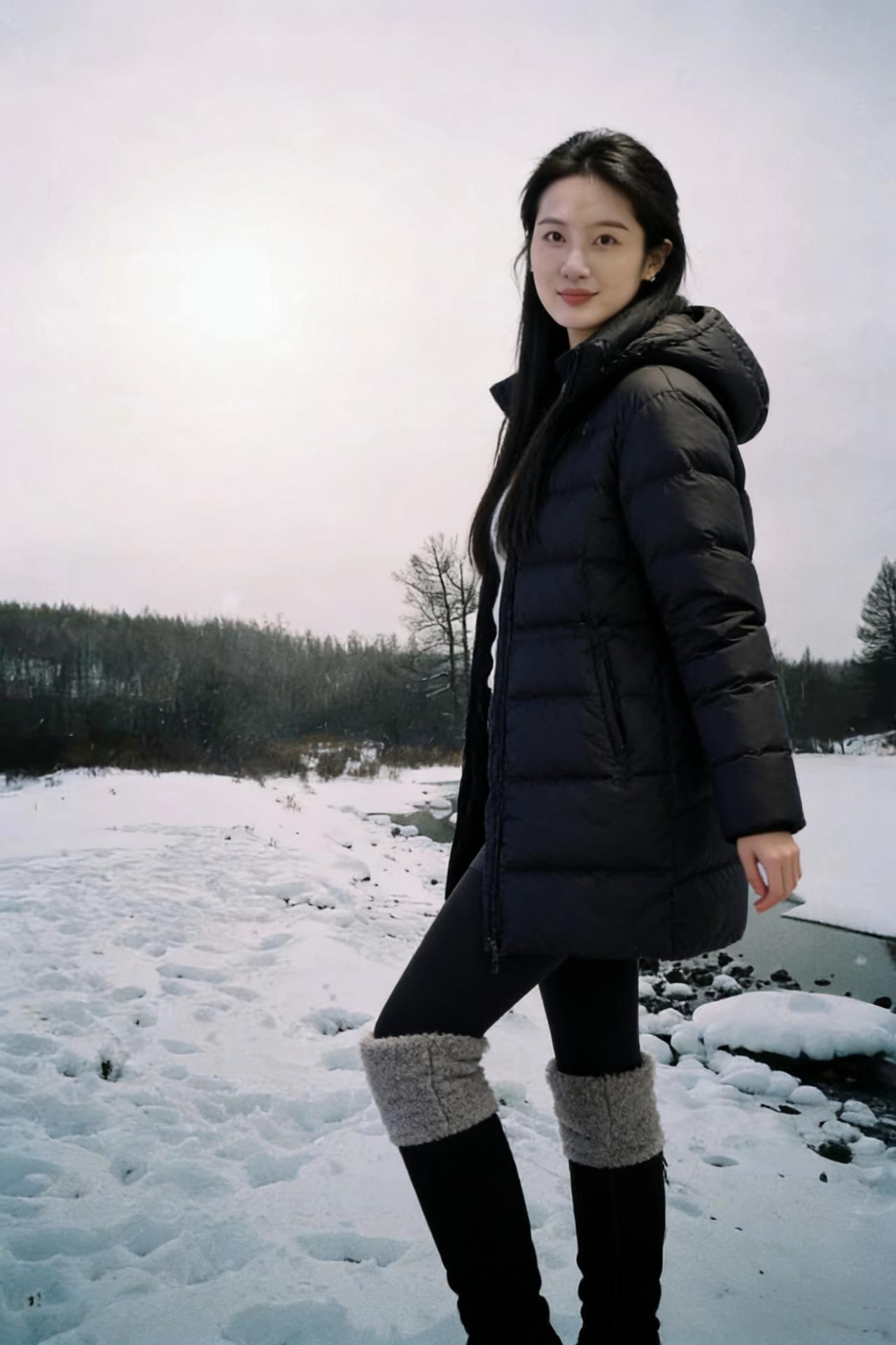 黑裘墨靴踏雪晨，暗香浮动月黄昏。无端笑靥惊风起，误落梅花满袖痕。