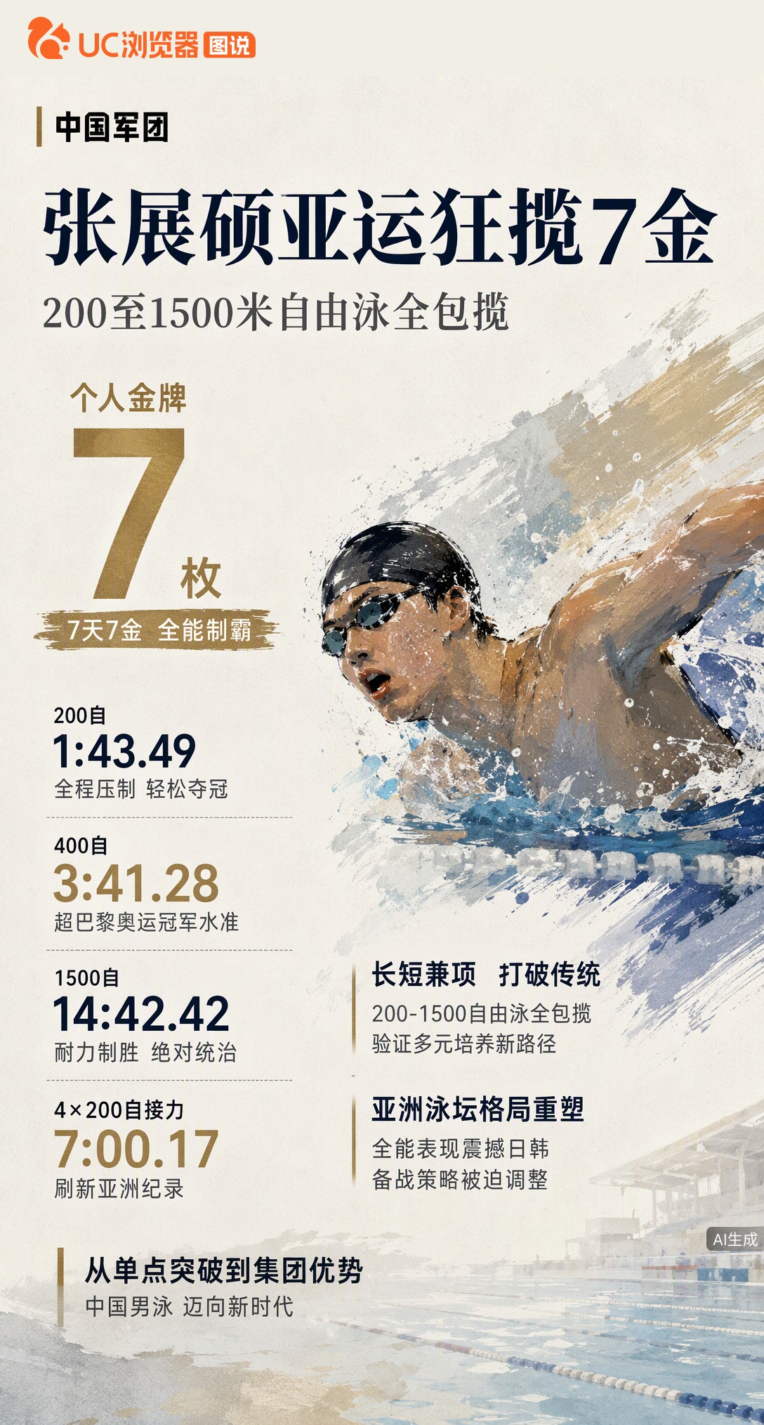 19岁张展硕7天狂揽亚运7金！200至1500米自由泳全包，400自成绩超巴黎奥运冠军水准，接力还刷