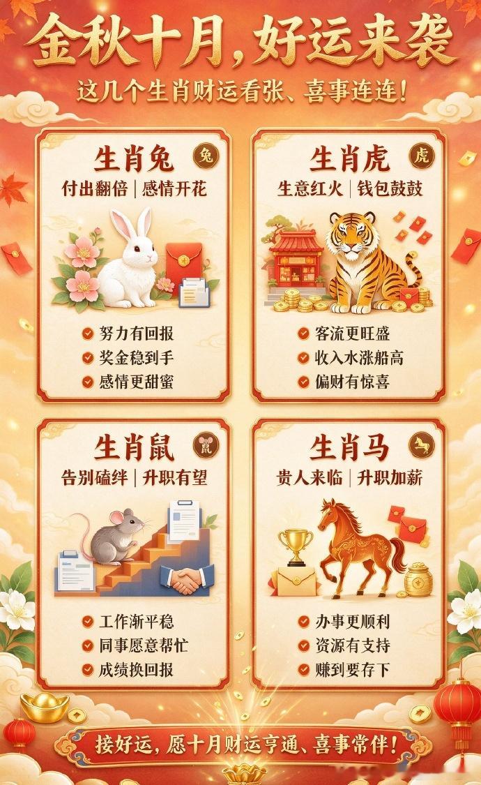 金秋十月，好运来袭，这几个生肖财运看涨、喜事连连！生肖兔：付出翻倍，感情开花10月属兔人的收获与付出