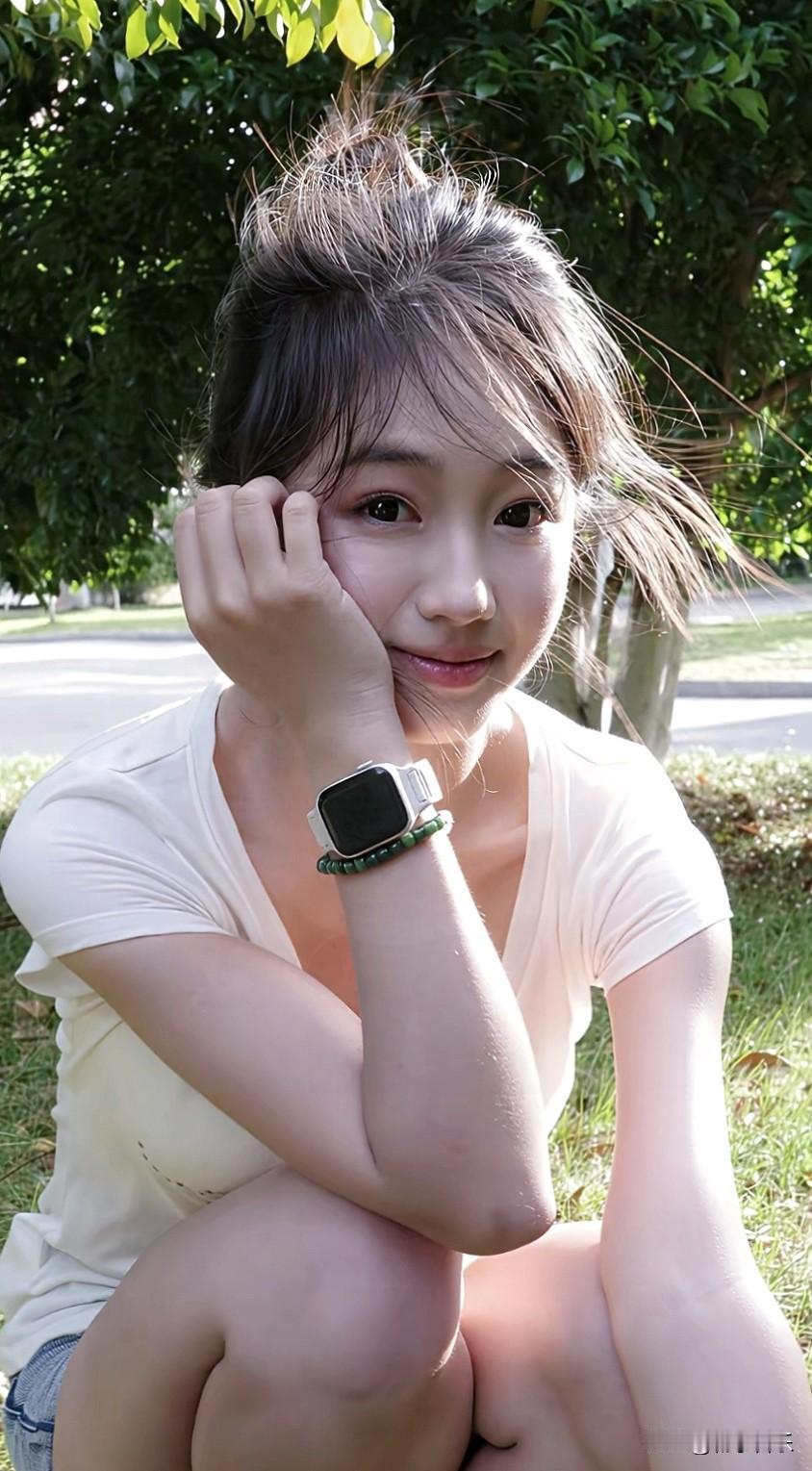 青草地映着笑颜，少女眉眼清甜，一举一动都散发着青春光彩。分享随手拍的美照随手拍