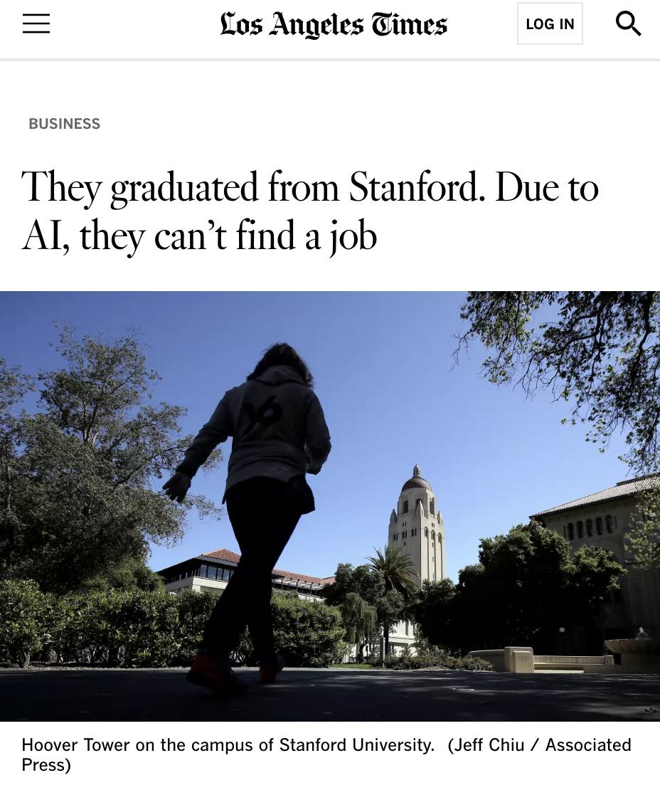外媒：斯坦福毕业生因人工智能难以找到工作斯坦福软件工程学位曾是进入科技行业的