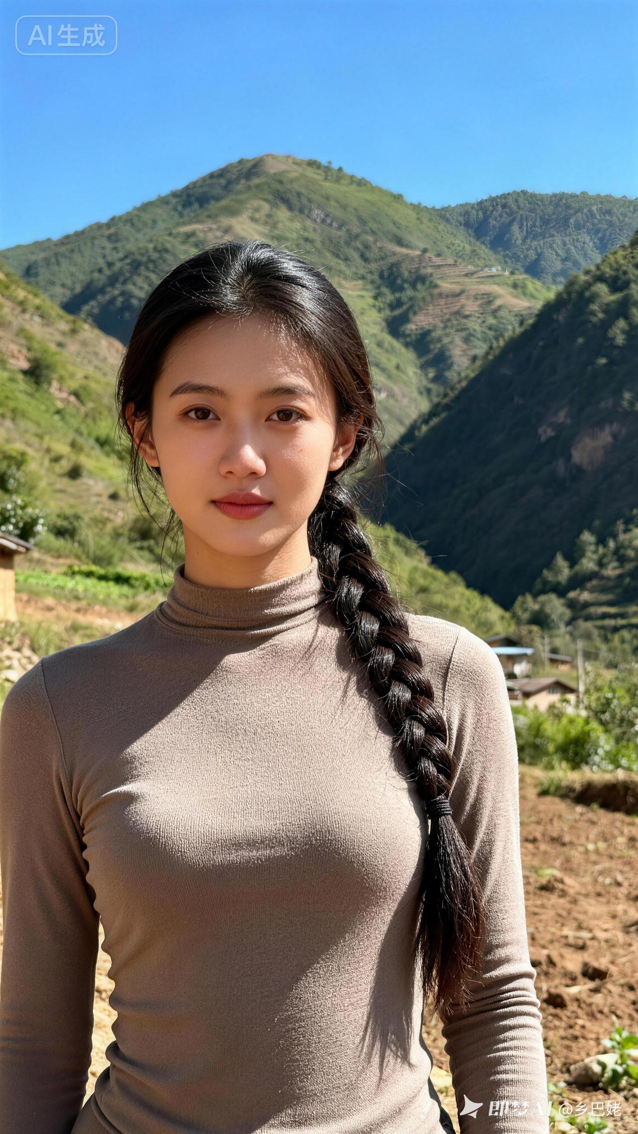 一个女孩站在山前，风景真美！