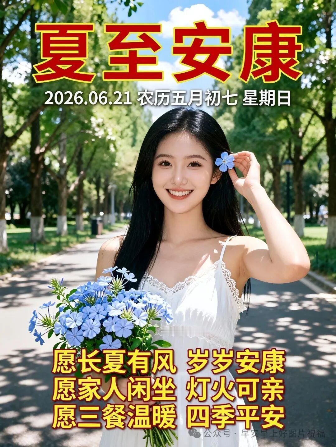 🌈夏至沐光笑意扬，🎈欢愉岁岁伴身旁。🍉福运荣华常登门，🌺安康长寿保安康。